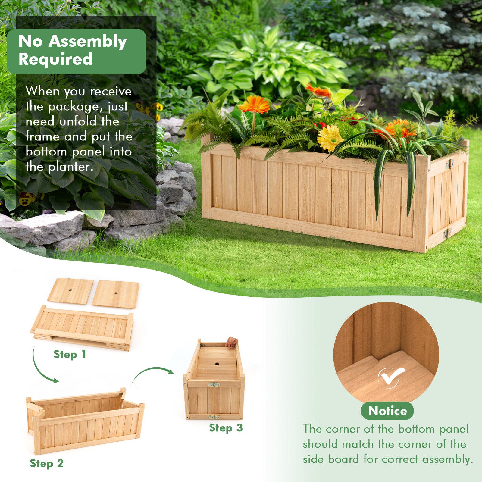 Folding Wooden Raised Garden Bed with Removable Bottom for Herbs Fruits FlowersÂ