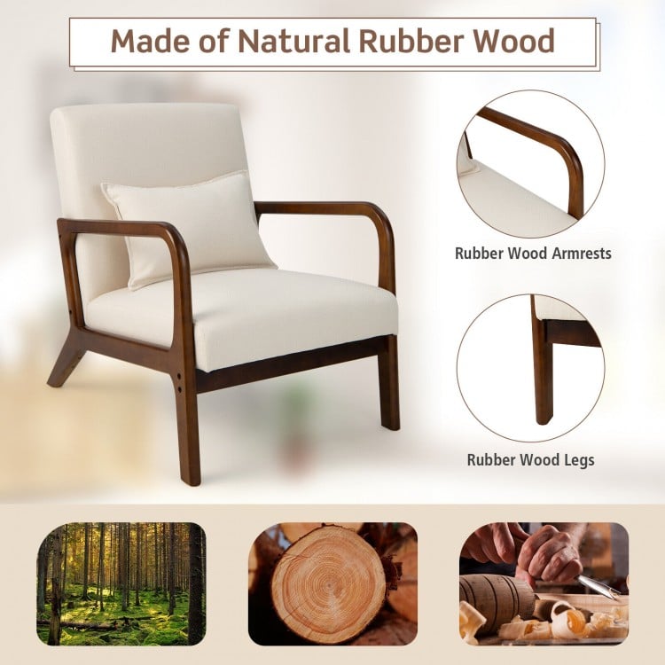 Modern Accent Chair with Rubber Wood Frame and Lumbar Pillow-Beige