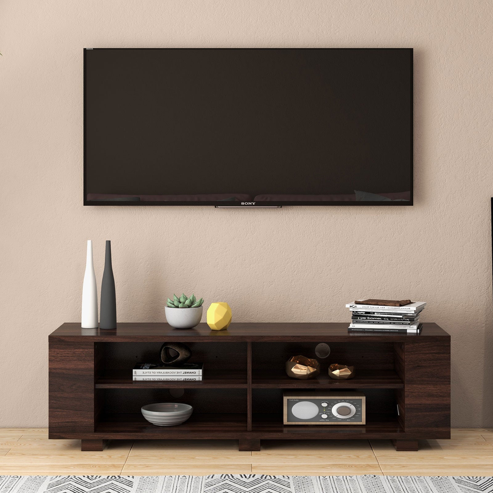 59 Inch Console Storage Entertainment Media Wood TV Stand-WalnutÂ