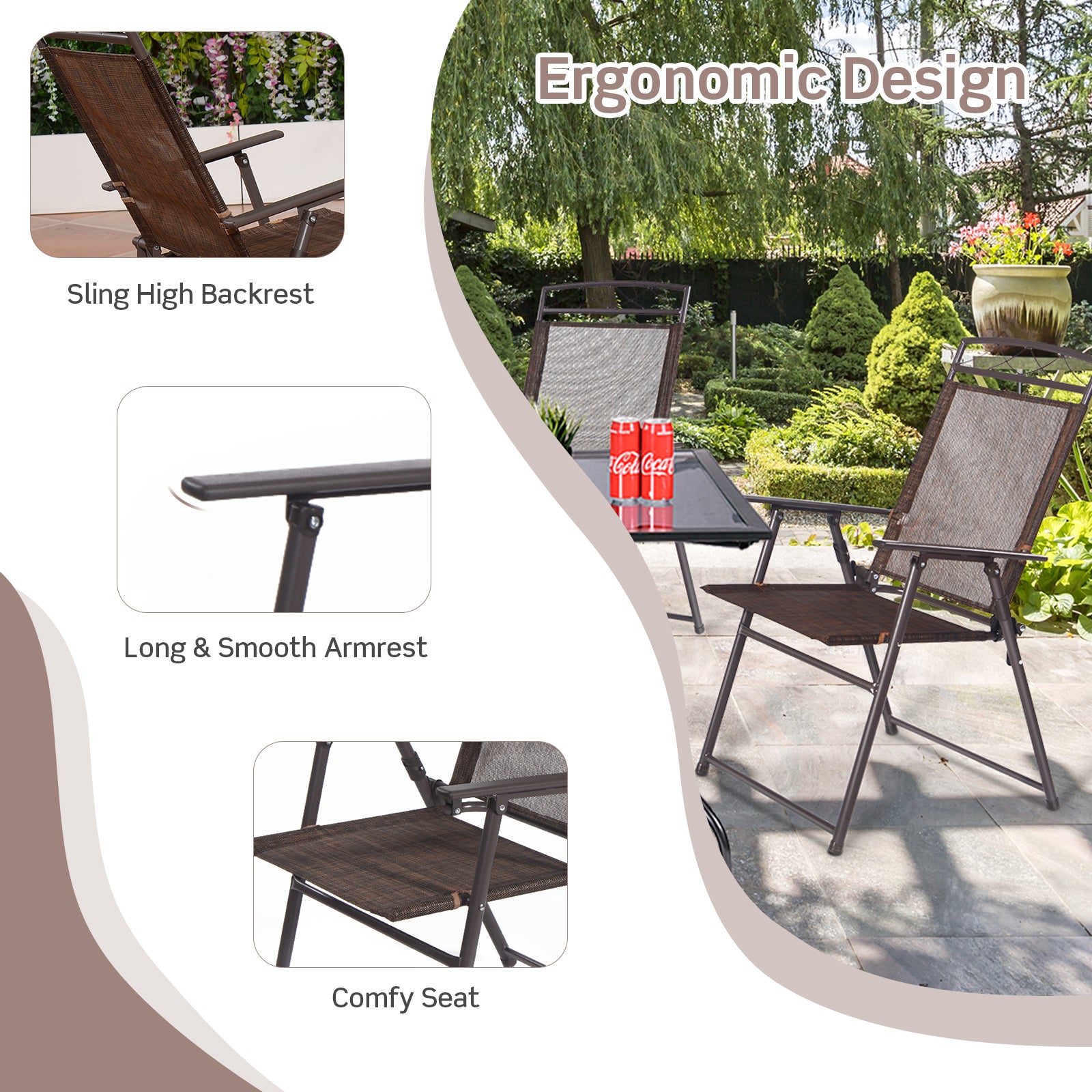 Set of 4 Patio Folding Sling Chairs Steel Camping DeckÂ