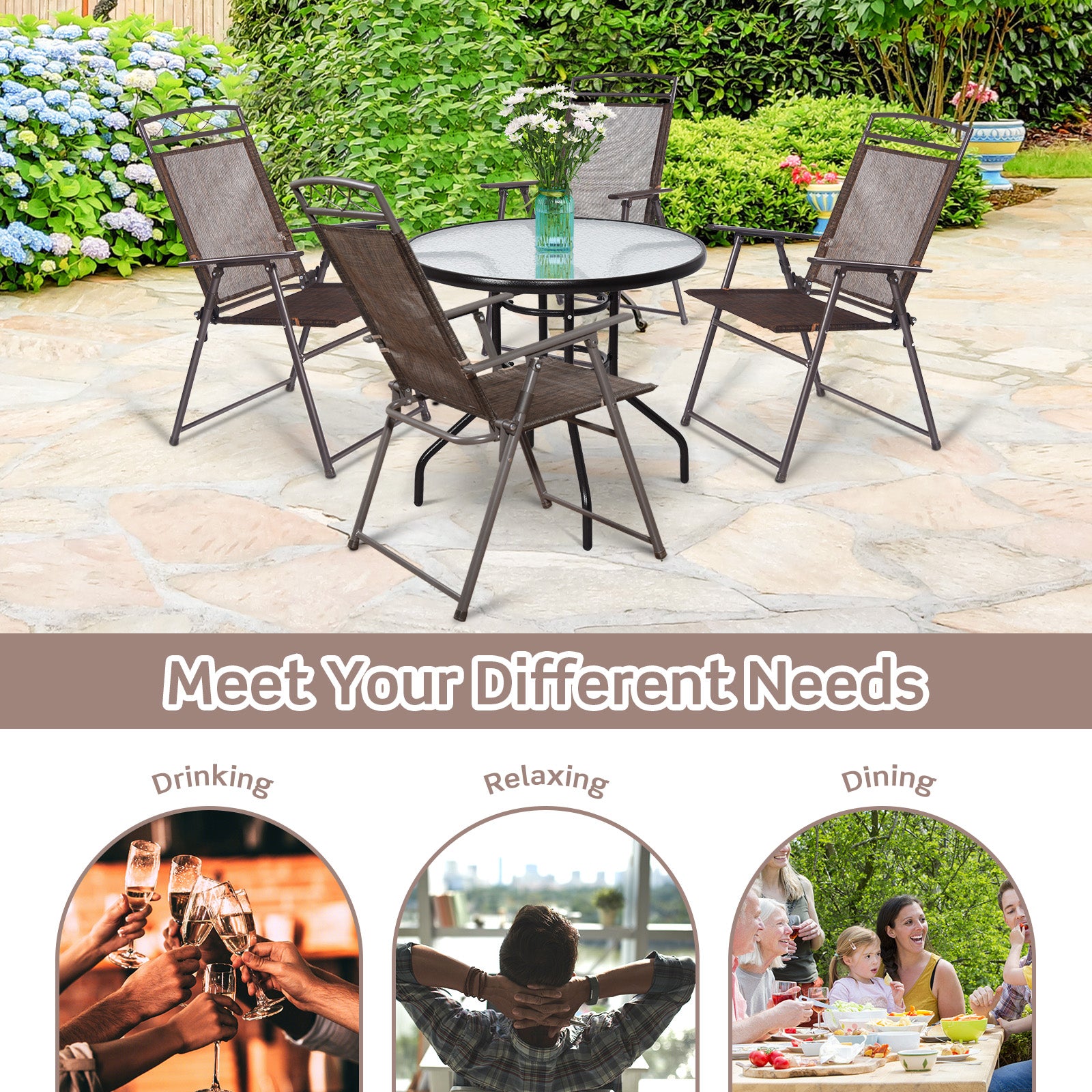 Set of 4 Patio Folding Sling Chairs Steel Camping DeckÂ