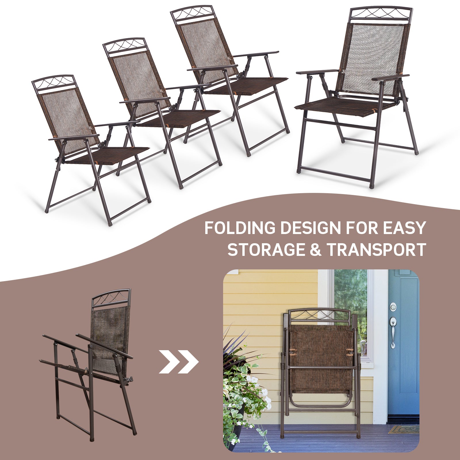 Set of 4 Patio Folding Sling Chairs Steel Camping DeckÂ