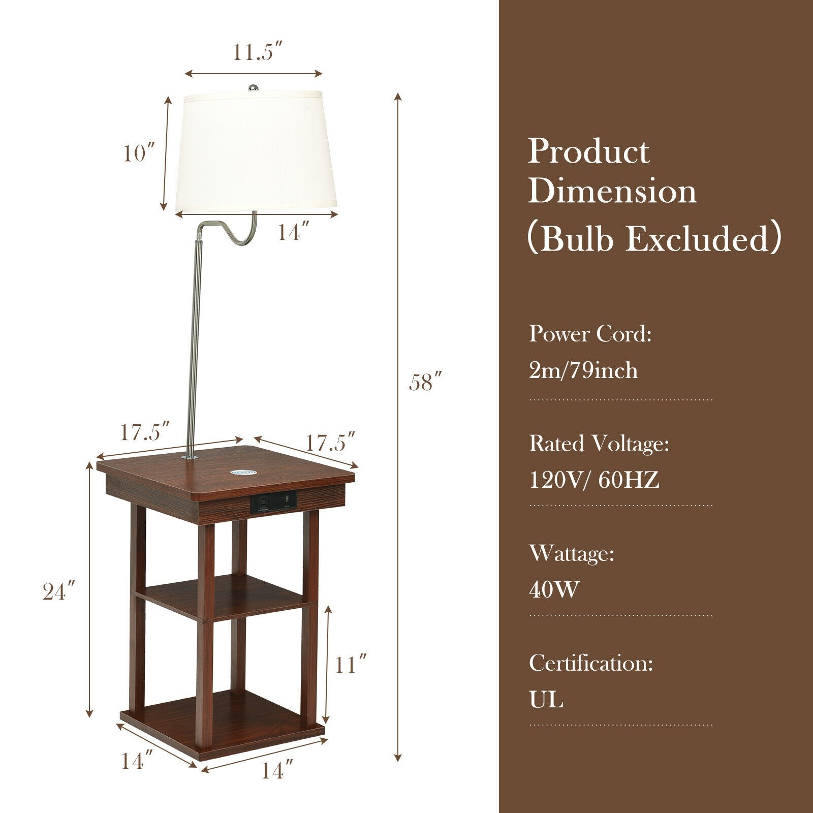 Floor Lamp Bedside Desk with USB Charging Ports Shelves-Brown