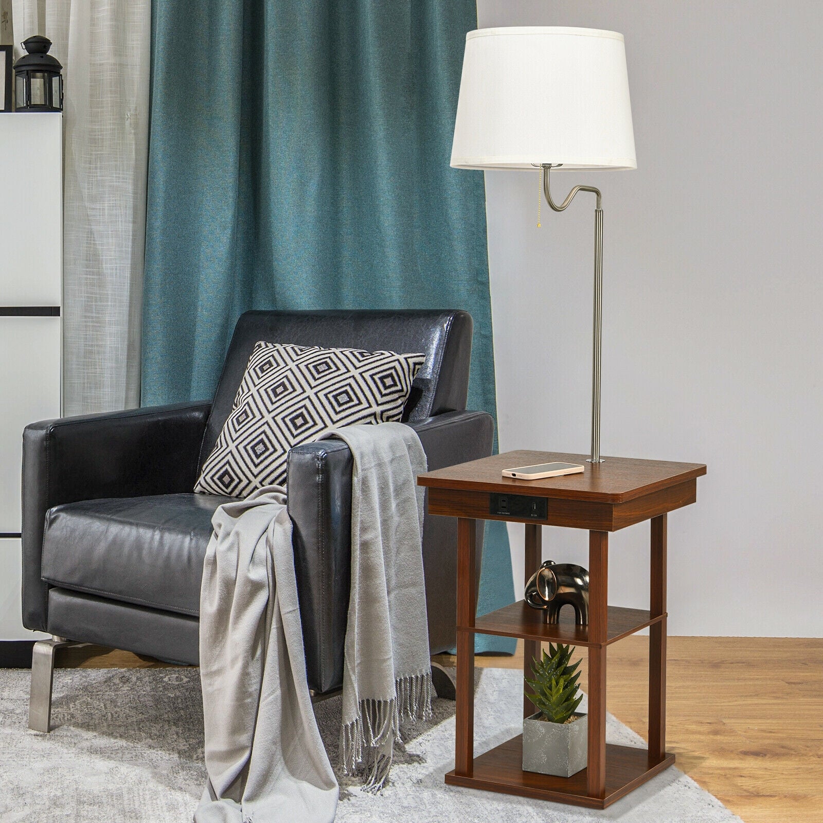 Floor Lamp Bedside Desk with USB Charging Ports Shelves-Brown