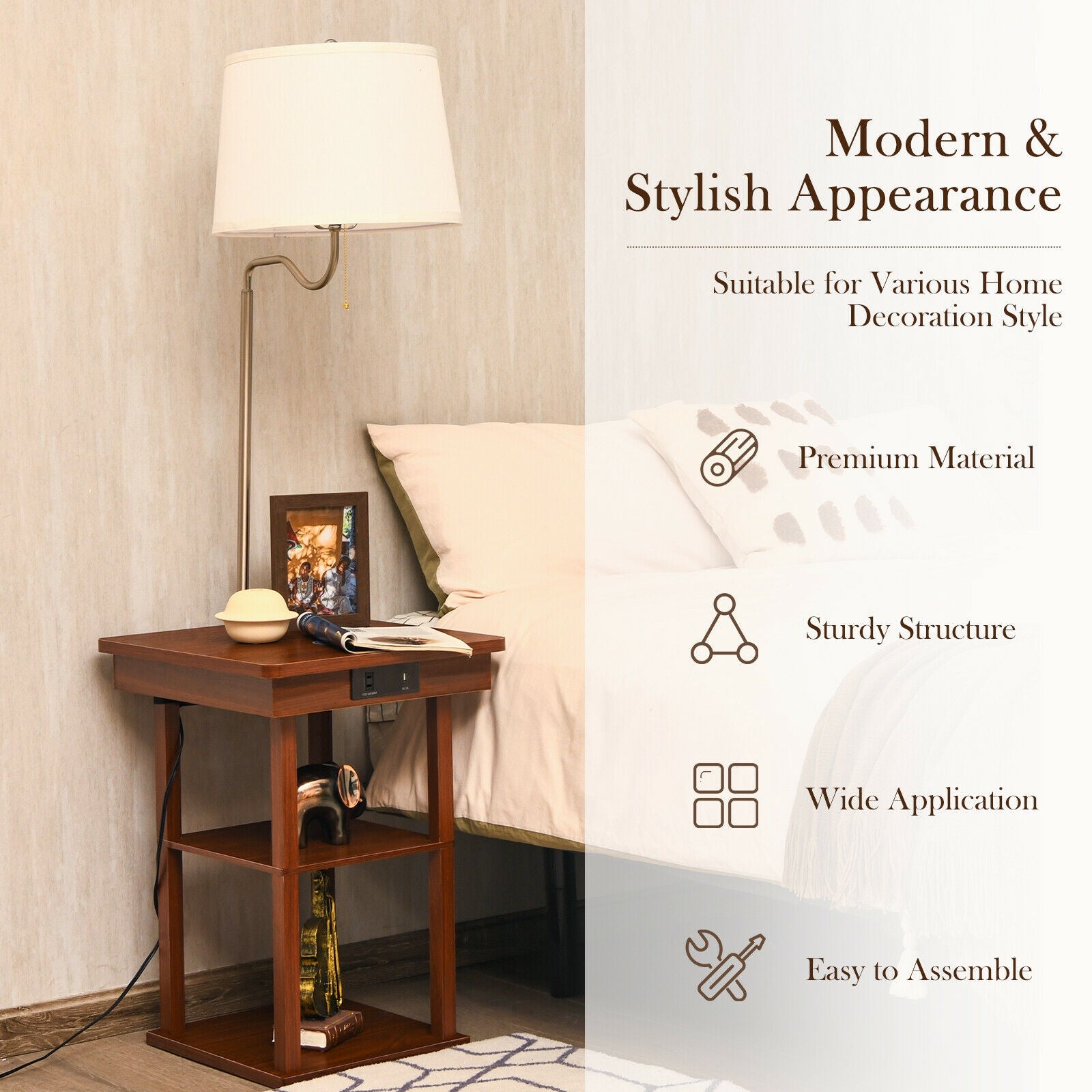 Floor Lamp Bedside Desk with USB Charging Ports Shelves-Brown