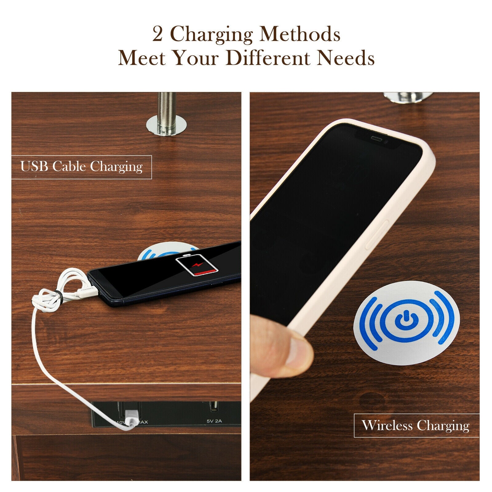 Floor Lamp Bedside Desk with USB Charging Ports Shelves-Brown