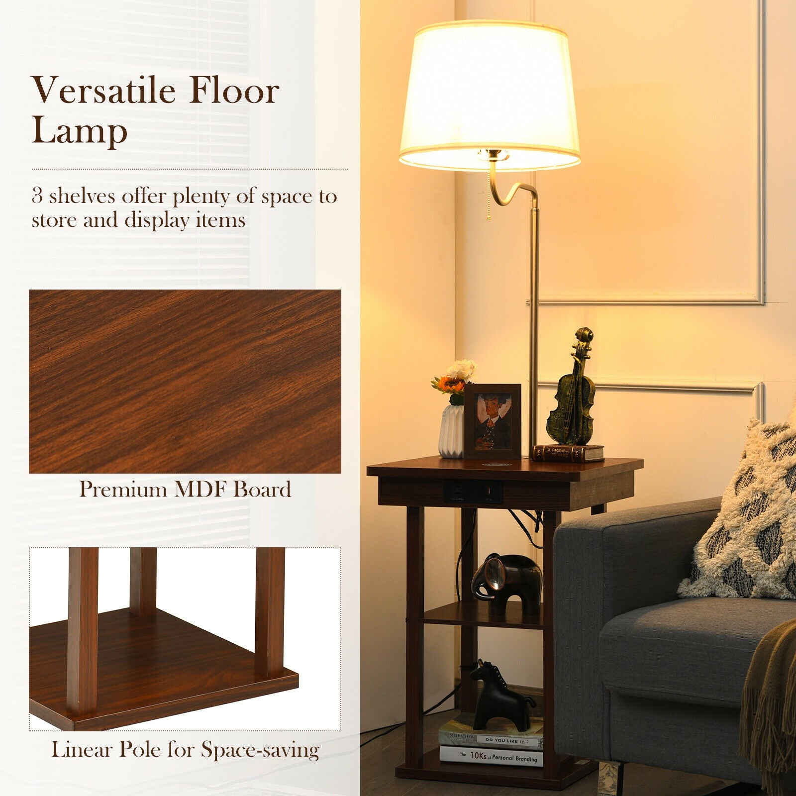 Floor Lamp Bedside Desk with USB Charging Ports Shelves-Brown