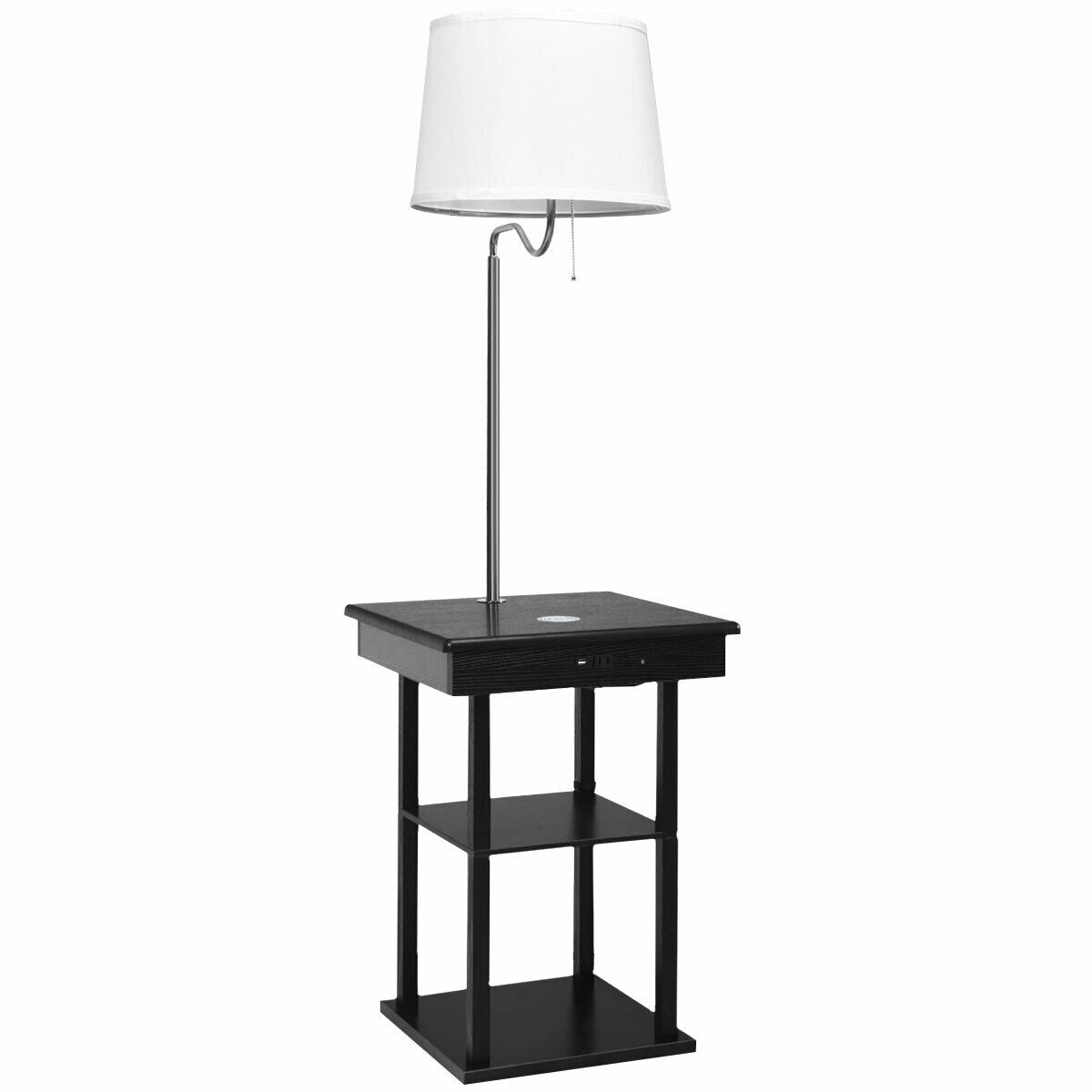 Floor Lamp Bedside Desk with USB Charging Ports Shelves-BlackÂ