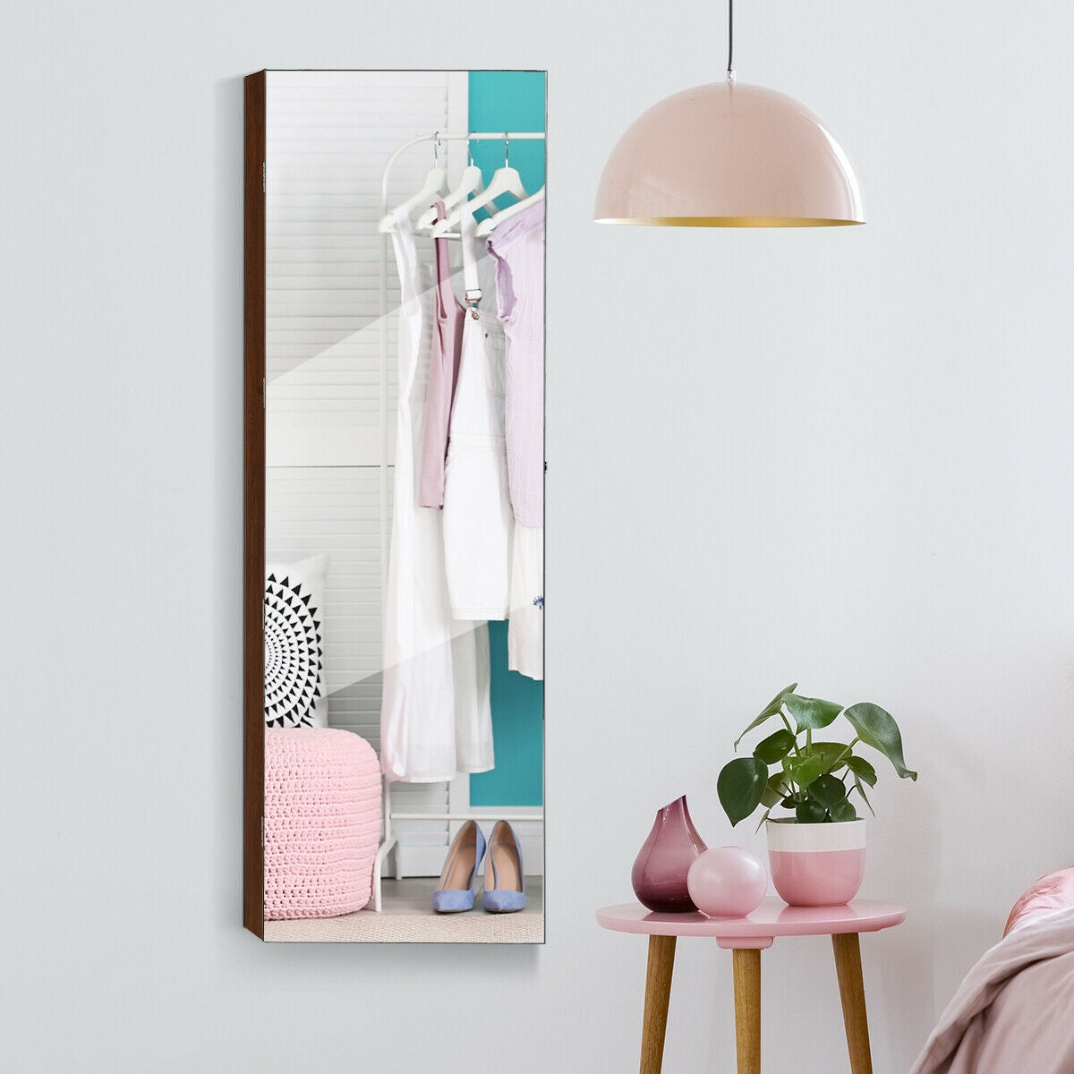 Wall And Door Mounted Mirrored Jewelry Cabinet With Lights-BrownÂ