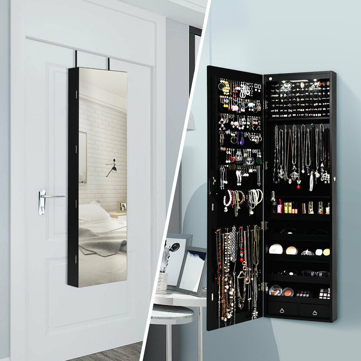 Wall And Door Mounted Mirrored Jewelry Cabinet With Lights-BlackÂ