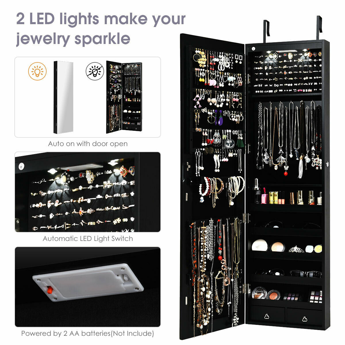 Wall And Door Mounted Mirrored Jewelry Cabinet With Lights-BlackÂ