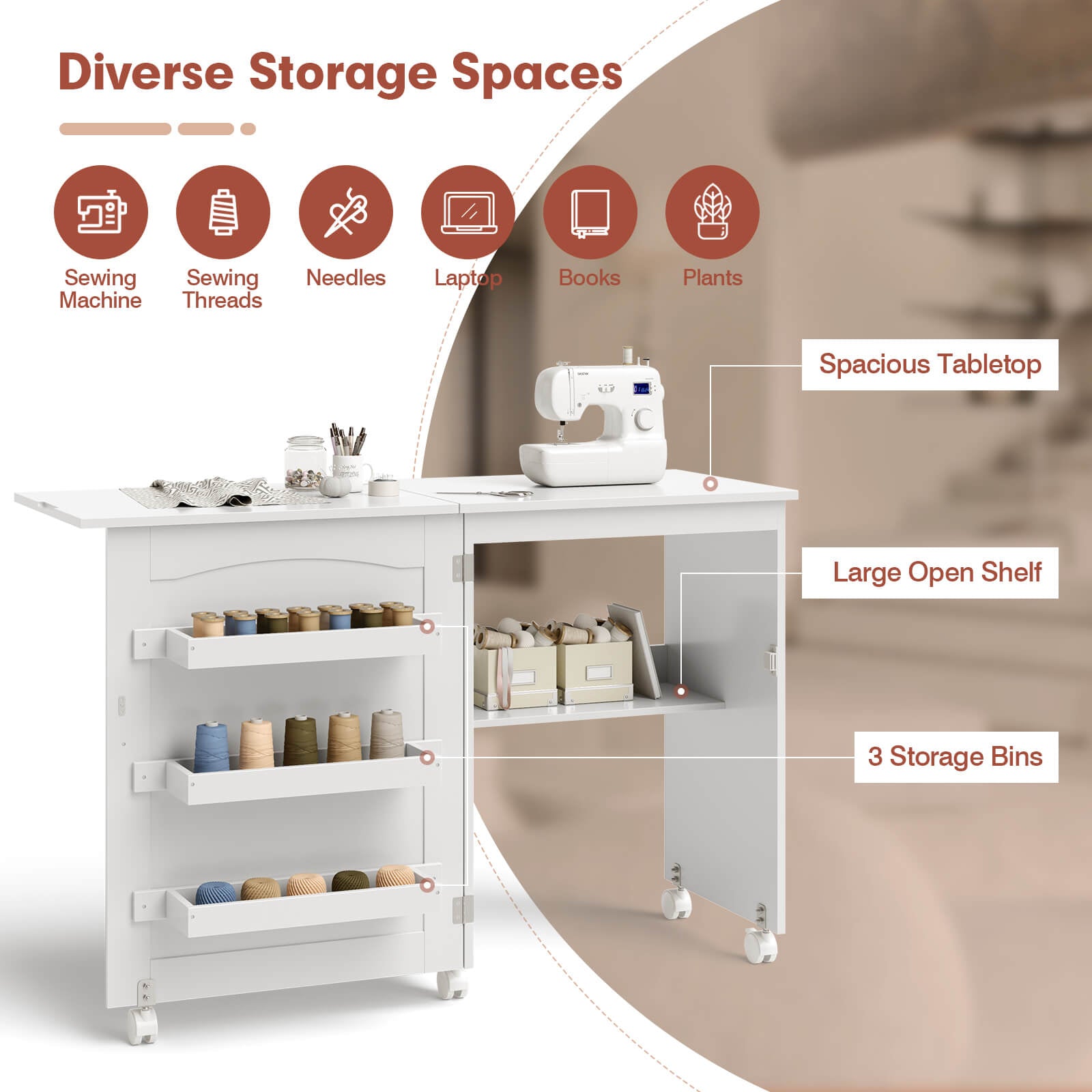 White Folding Swing Craft Table Storage Shelves CabinetÂ