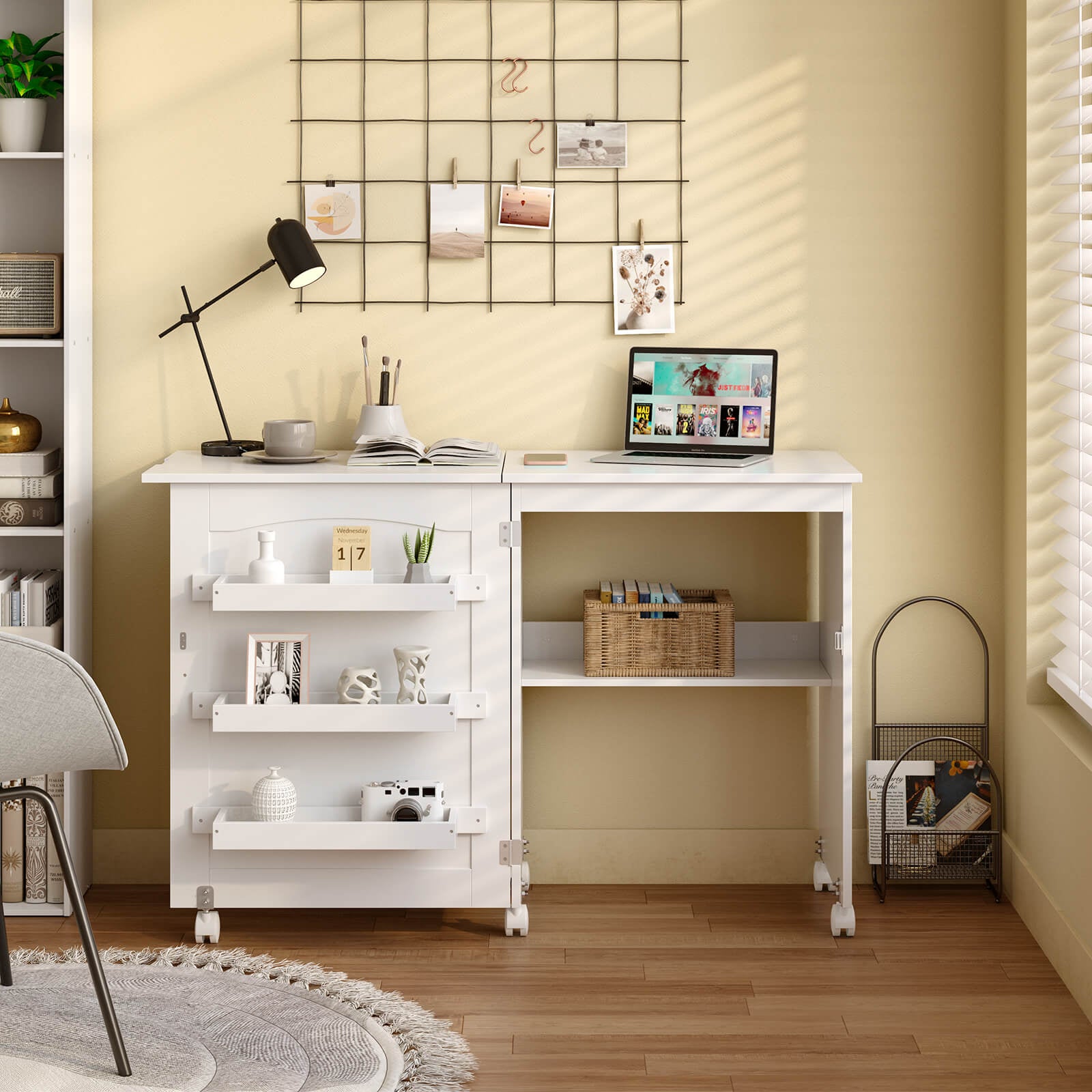White Folding Swing Craft Table Storage Shelves CabinetÂ