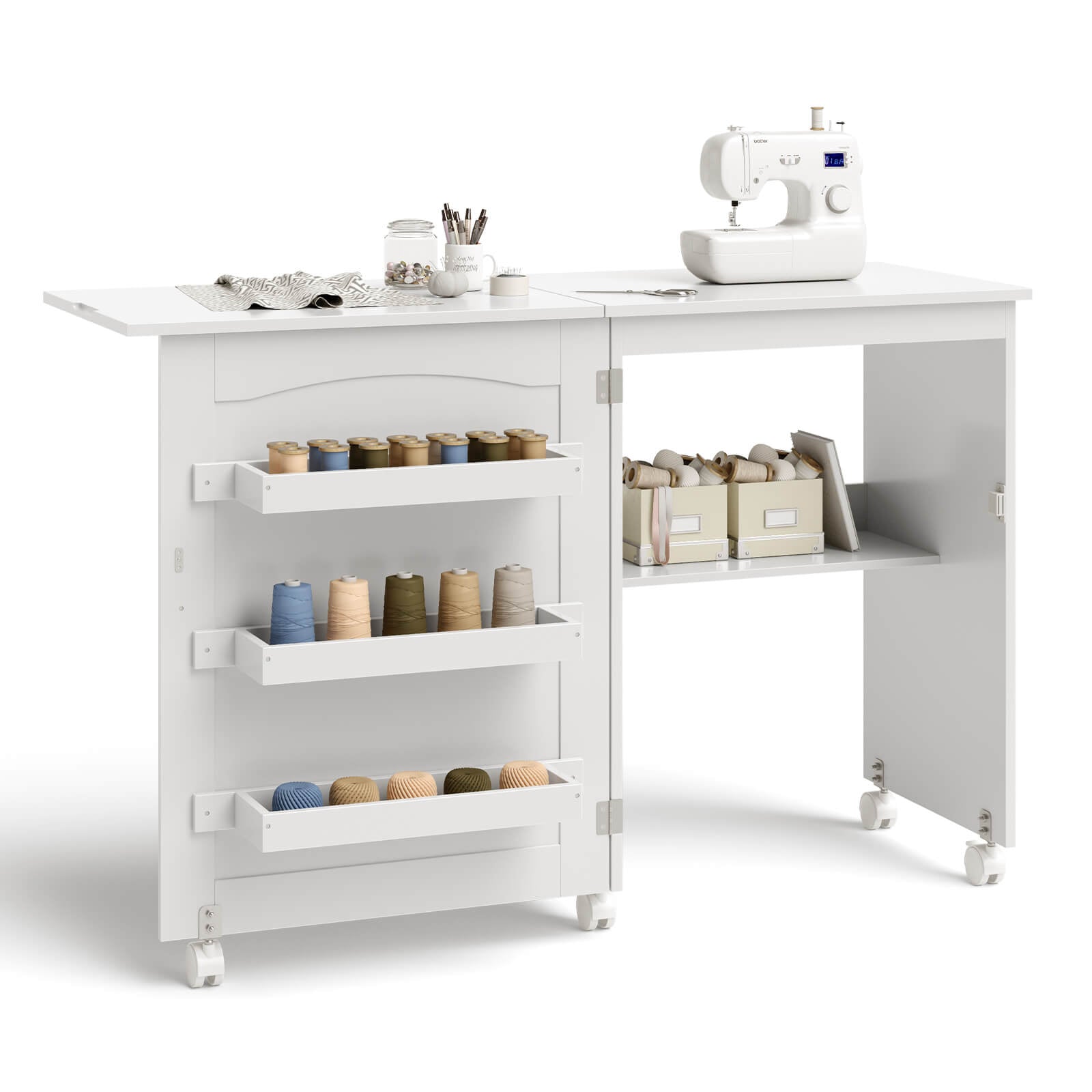 White Folding Swing Craft Table Storage Shelves CabinetÂ