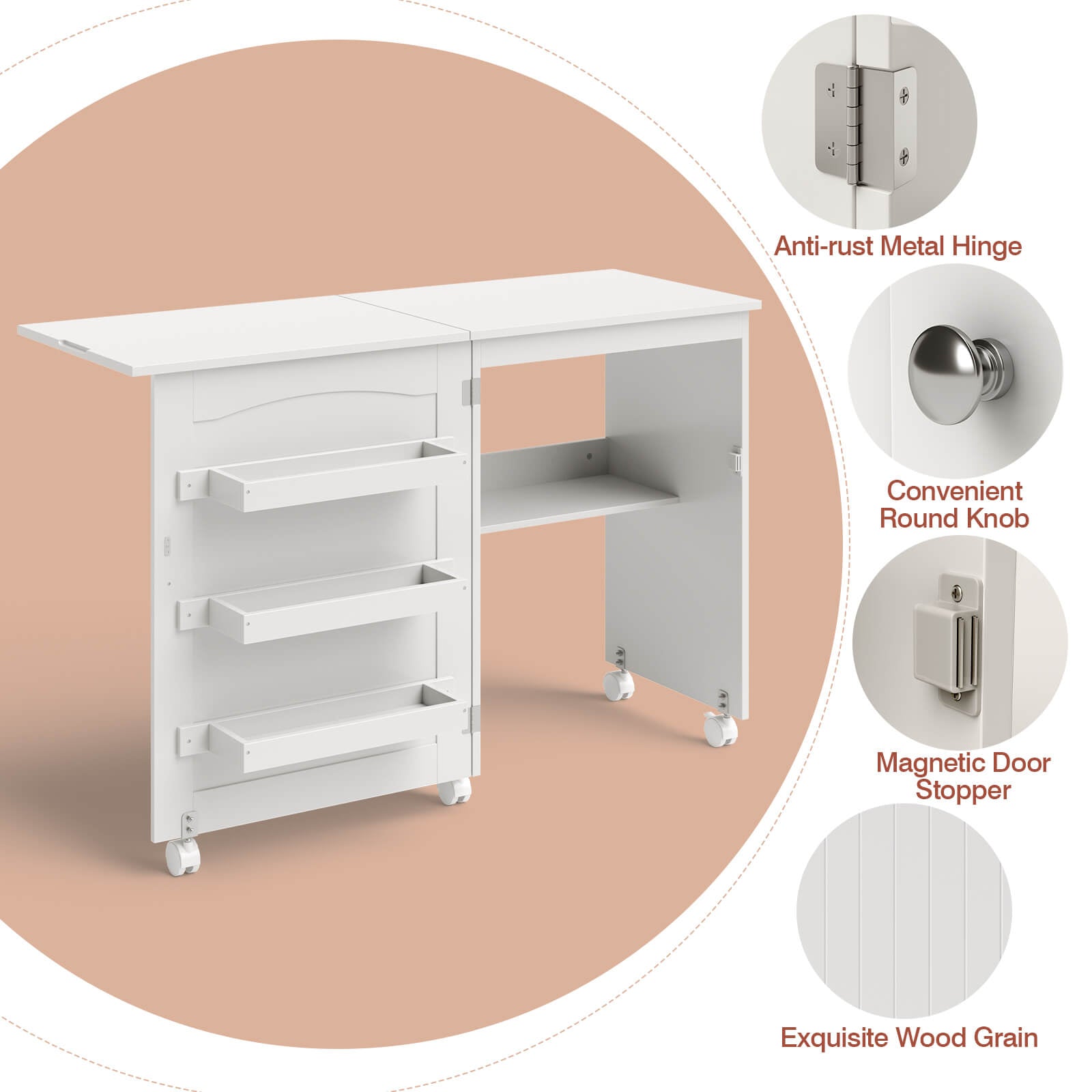 White Folding Swing Craft Table Storage Shelves CabinetÂ
