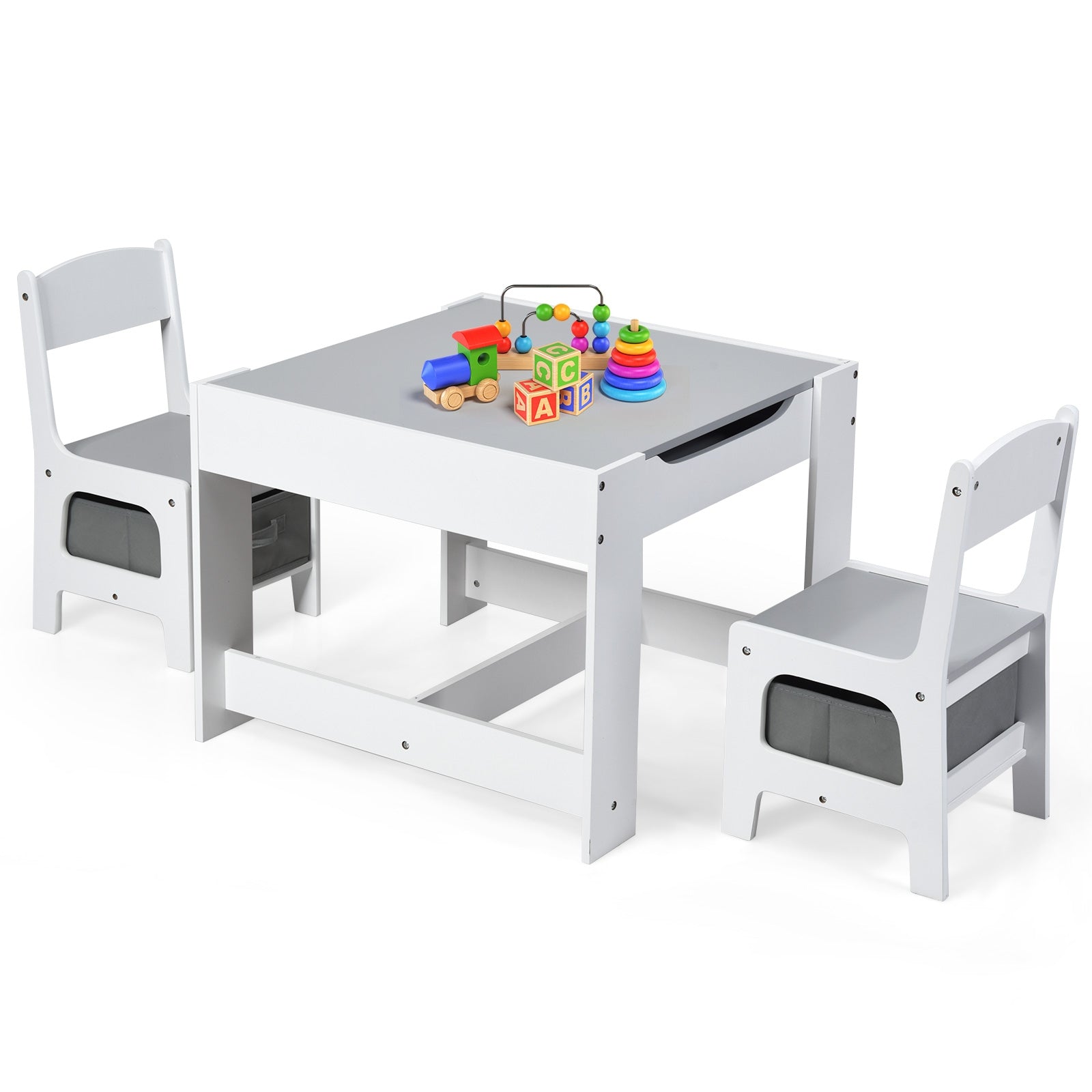 Kids Table Chairs Set With Storage Boxes Blackboard Whiteboard Drawing-WhiteÂ