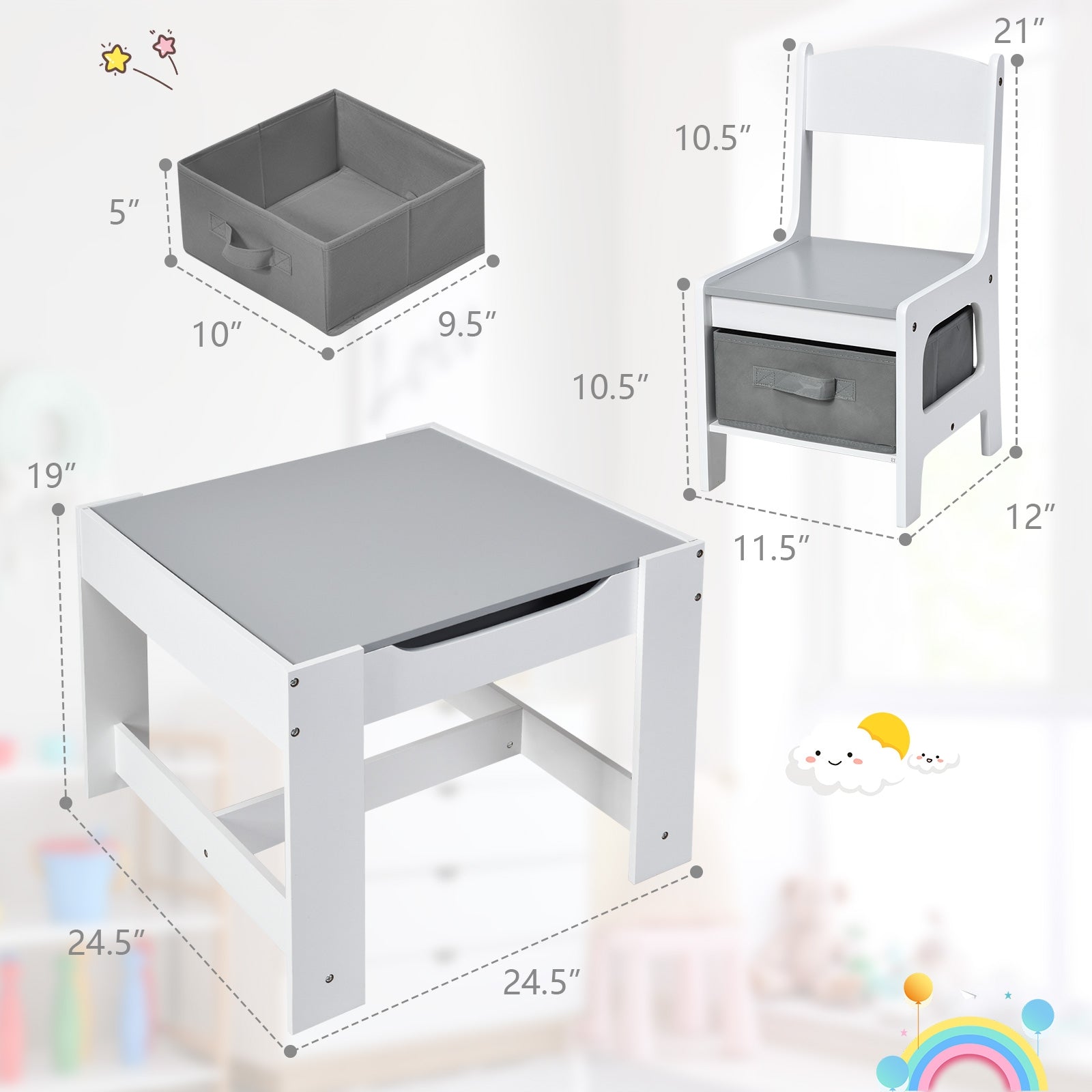 Kids Table Chairs Set With Storage Boxes Blackboard Whiteboard Drawing-WhiteÂ