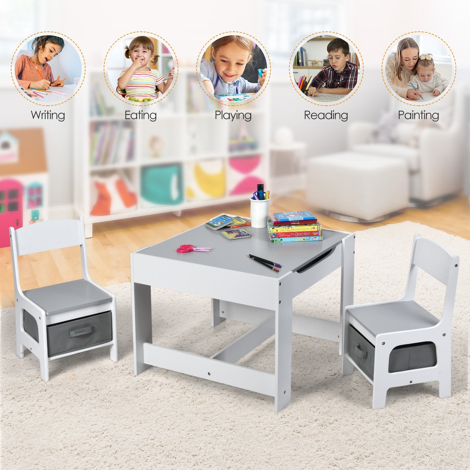 Kids Table Chairs Set With Storage Boxes Blackboard Whiteboard Drawing-WhiteÂ