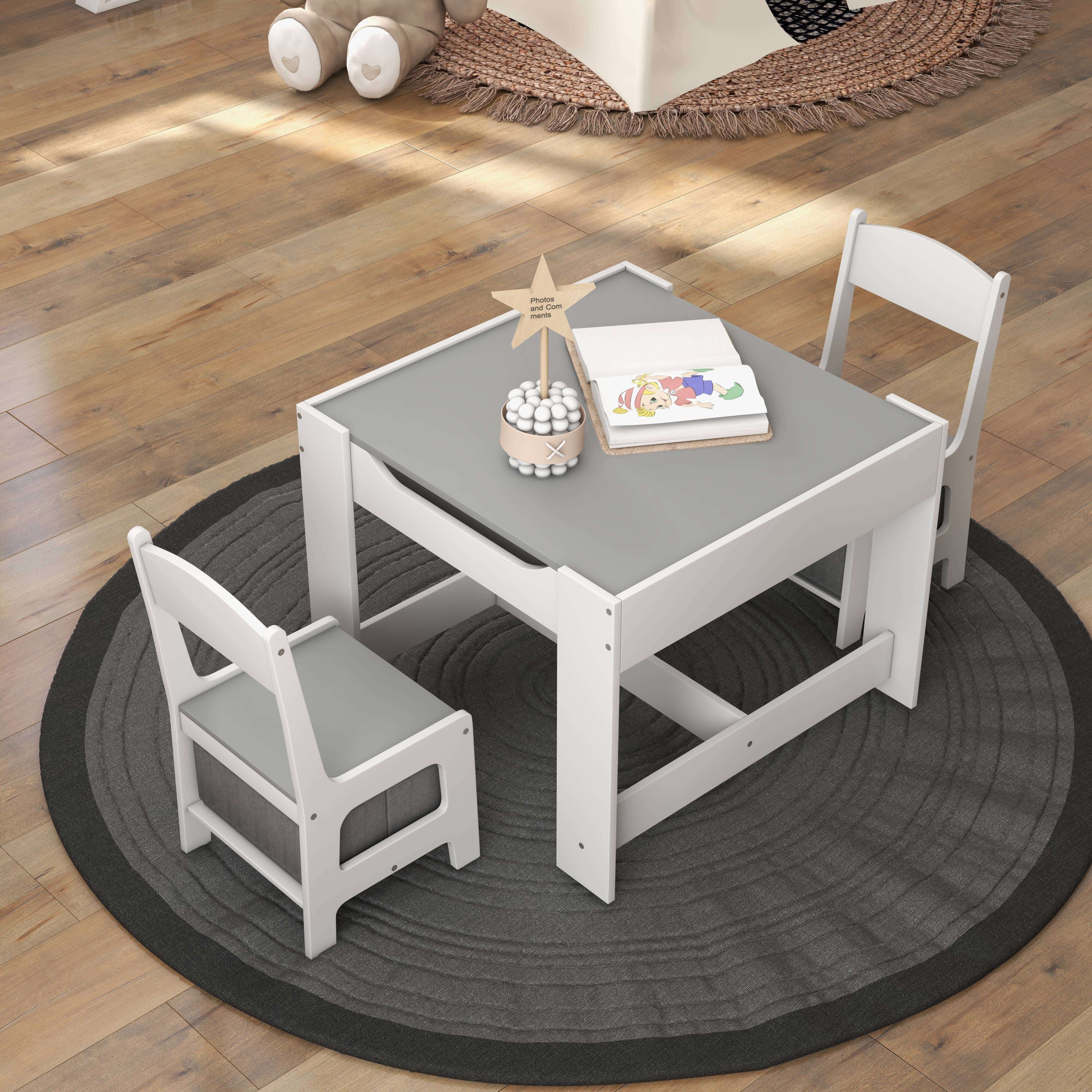 Kids Table Chairs Set With Storage Boxes Blackboard Whiteboard Drawing-WhiteÂ