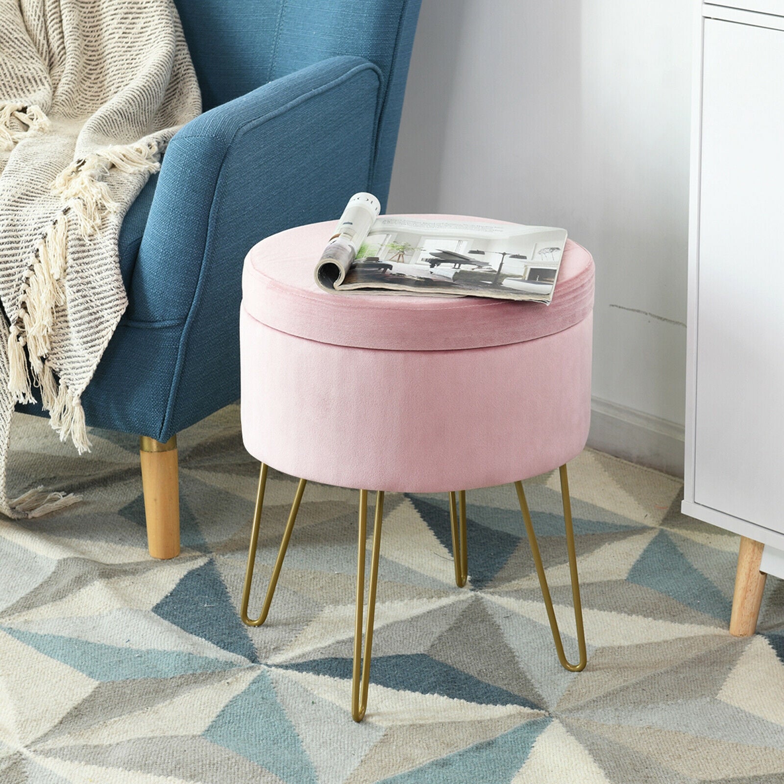 Round Velvet Storage Ottoman Footrest Stool Vanity Chair with Metal Legs-PinkÂ