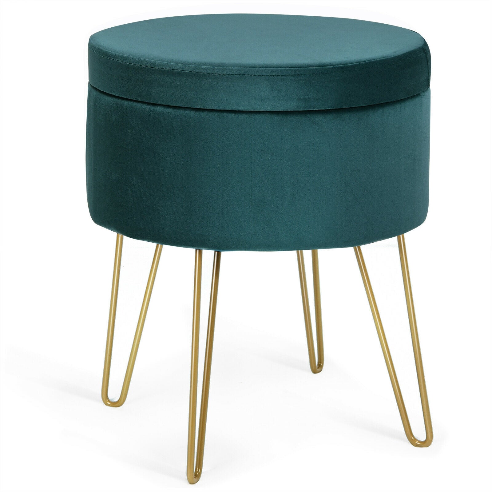 Round Velvet Storage Ottoman Footrest Stool Vanity Chair with Metal Legs-Dark GreenÂ