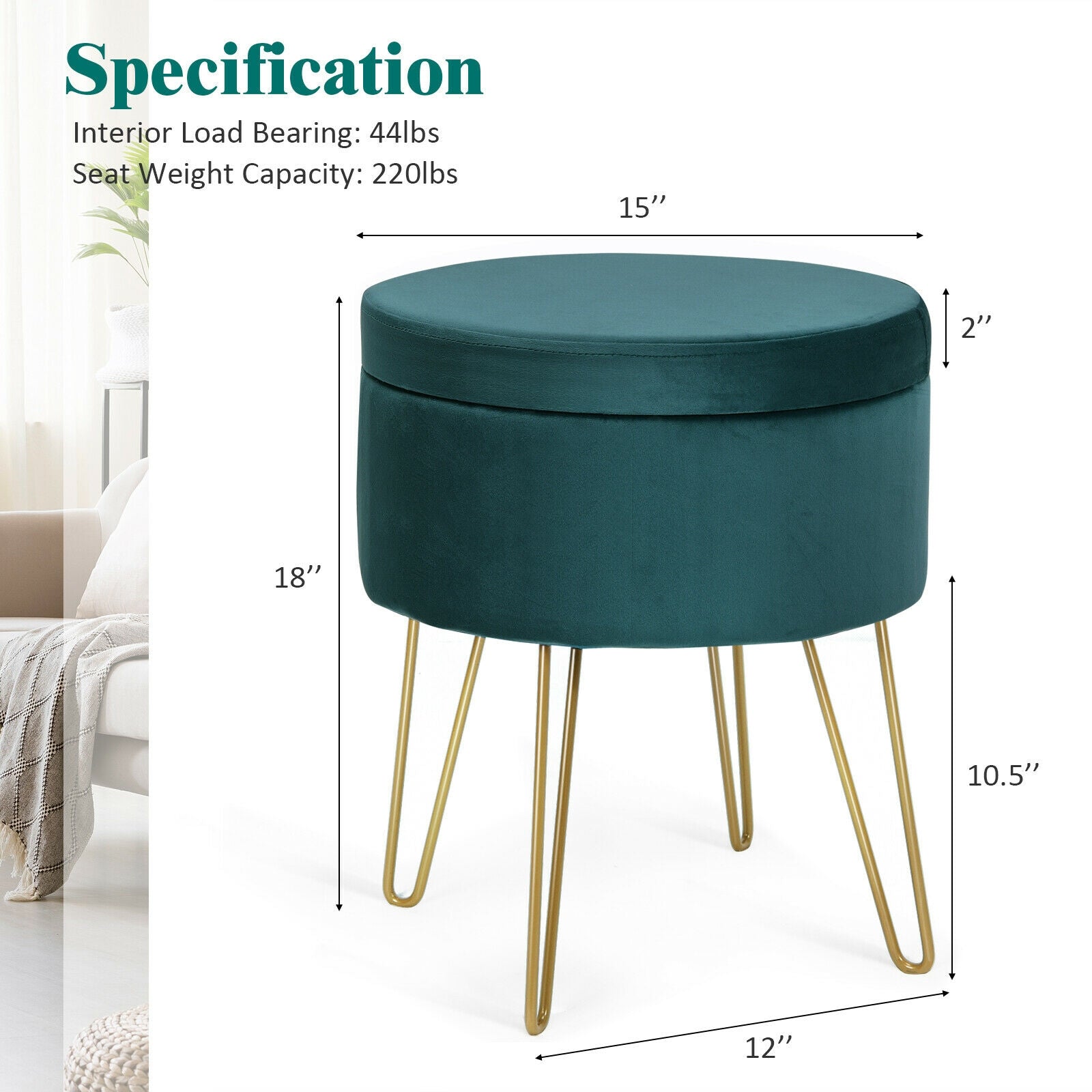 Round Velvet Storage Ottoman Footrest Stool Vanity Chair with Metal Legs-Dark GreenÂ