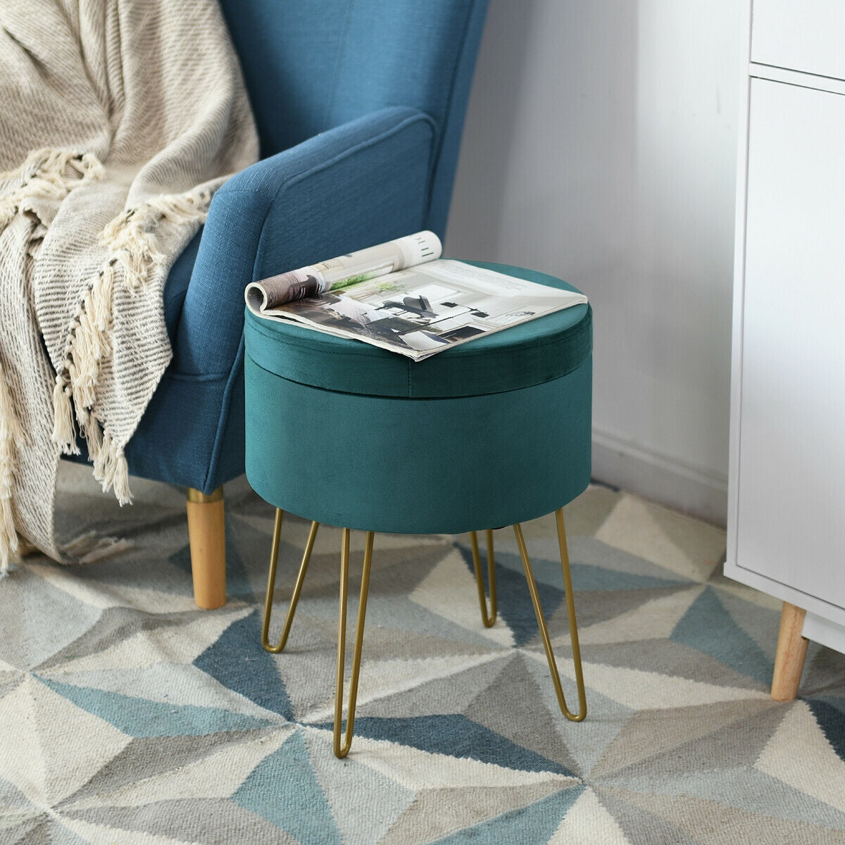 Round Velvet Storage Ottoman Footrest Stool Vanity Chair with Metal Legs-Dark GreenÂ