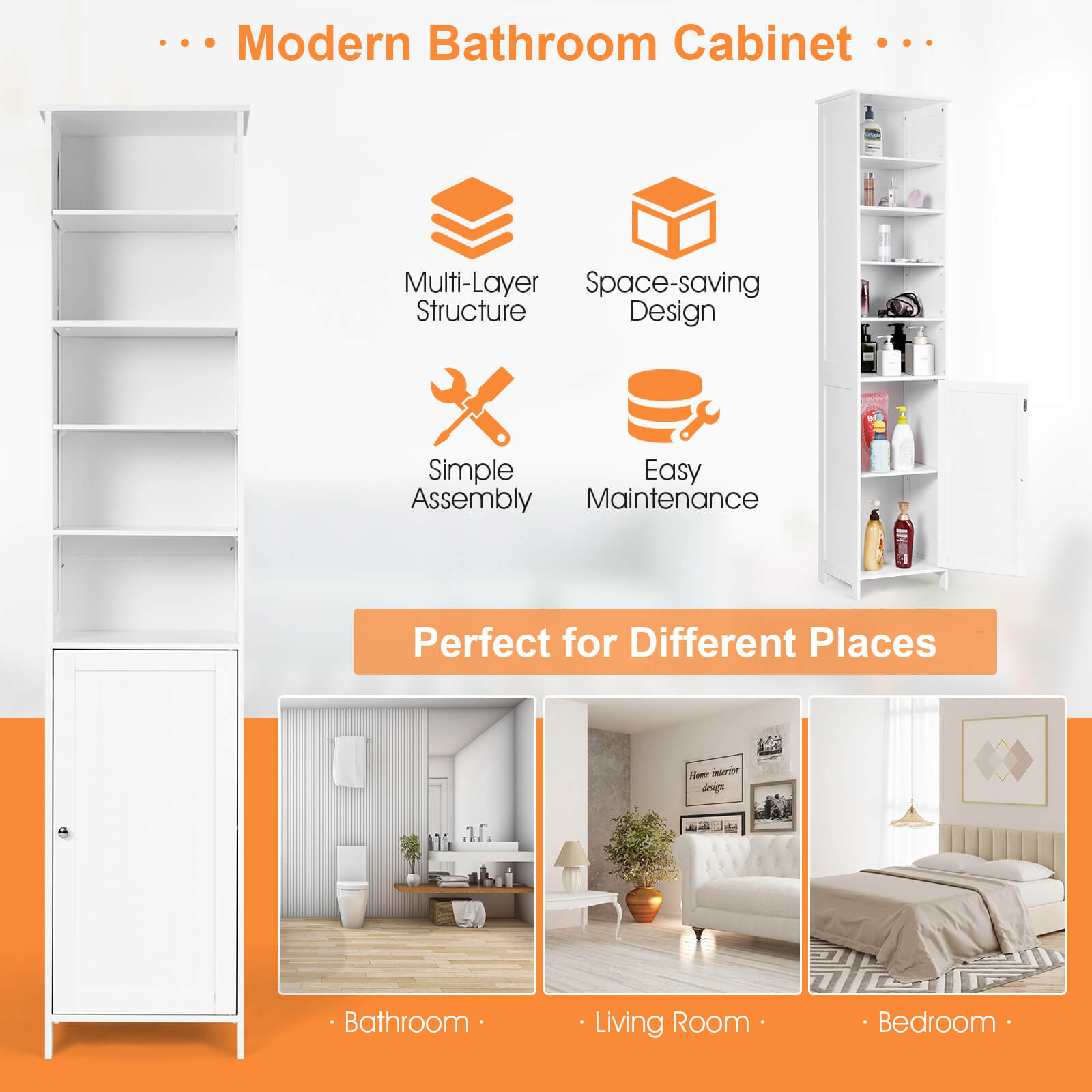 72 Inches Free Standing Tall Floor Bathroom Storage Cabinet-WhiteÂ