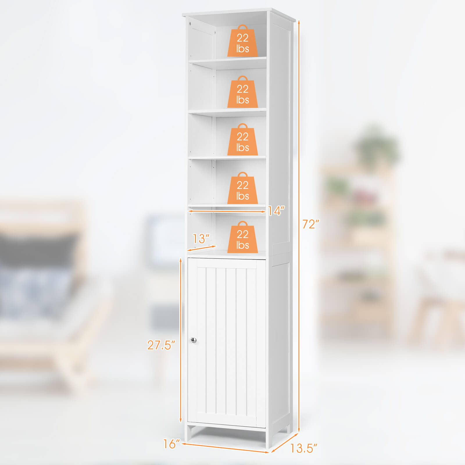 72 Inches Free Standing Tall Floor Bathroom Storage Cabinet-WhiteÂ