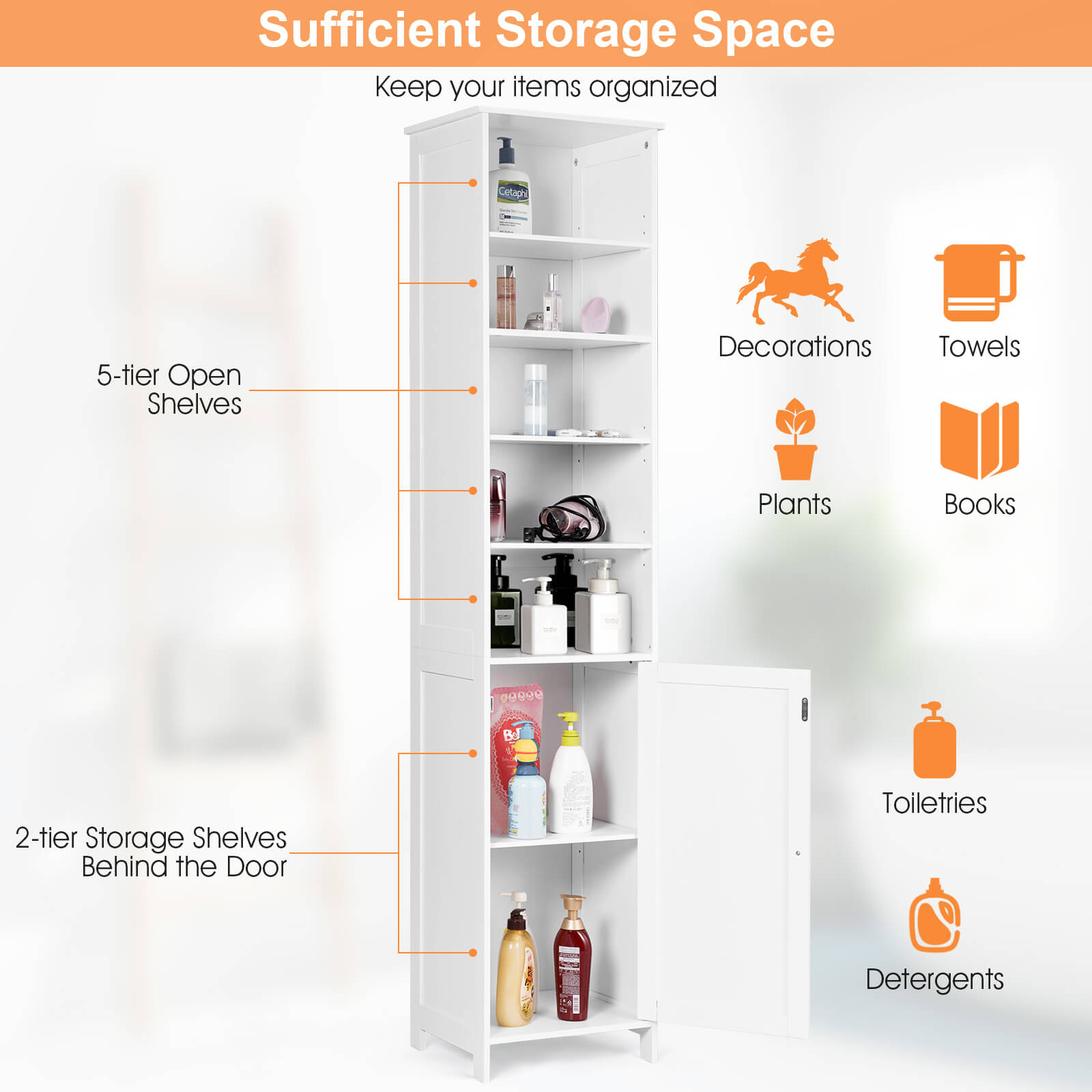 72 Inches Free Standing Tall Floor Bathroom Storage Cabinet-WhiteÂ