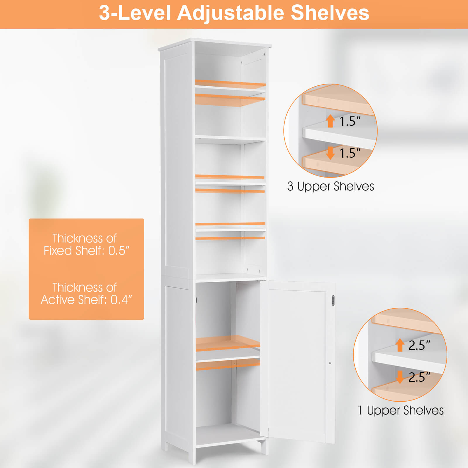 72 Inches Free Standing Tall Floor Bathroom Storage Cabinet-WhiteÂ
