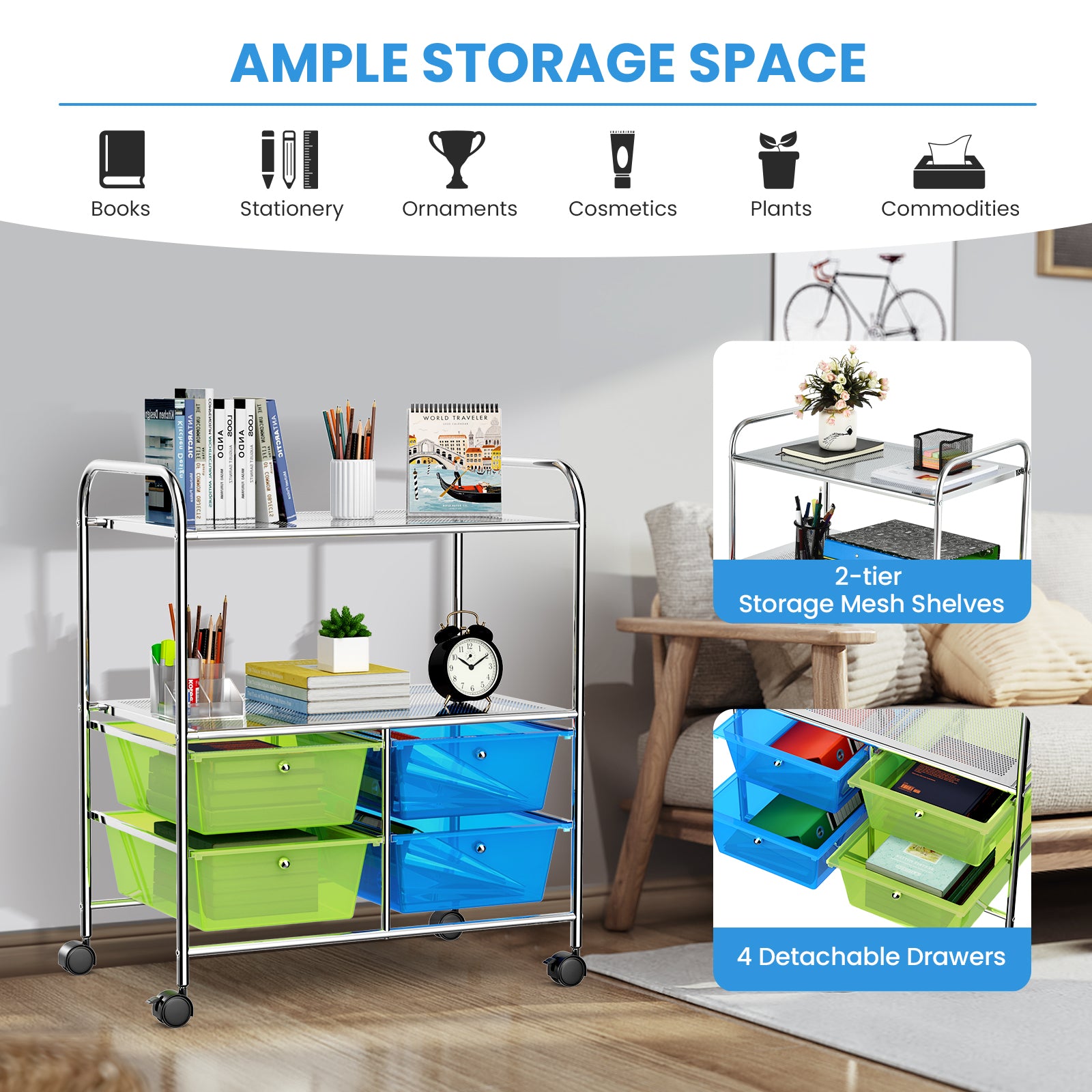 4 Drawers Rolling Storage Cart-Blue & GreenÂ