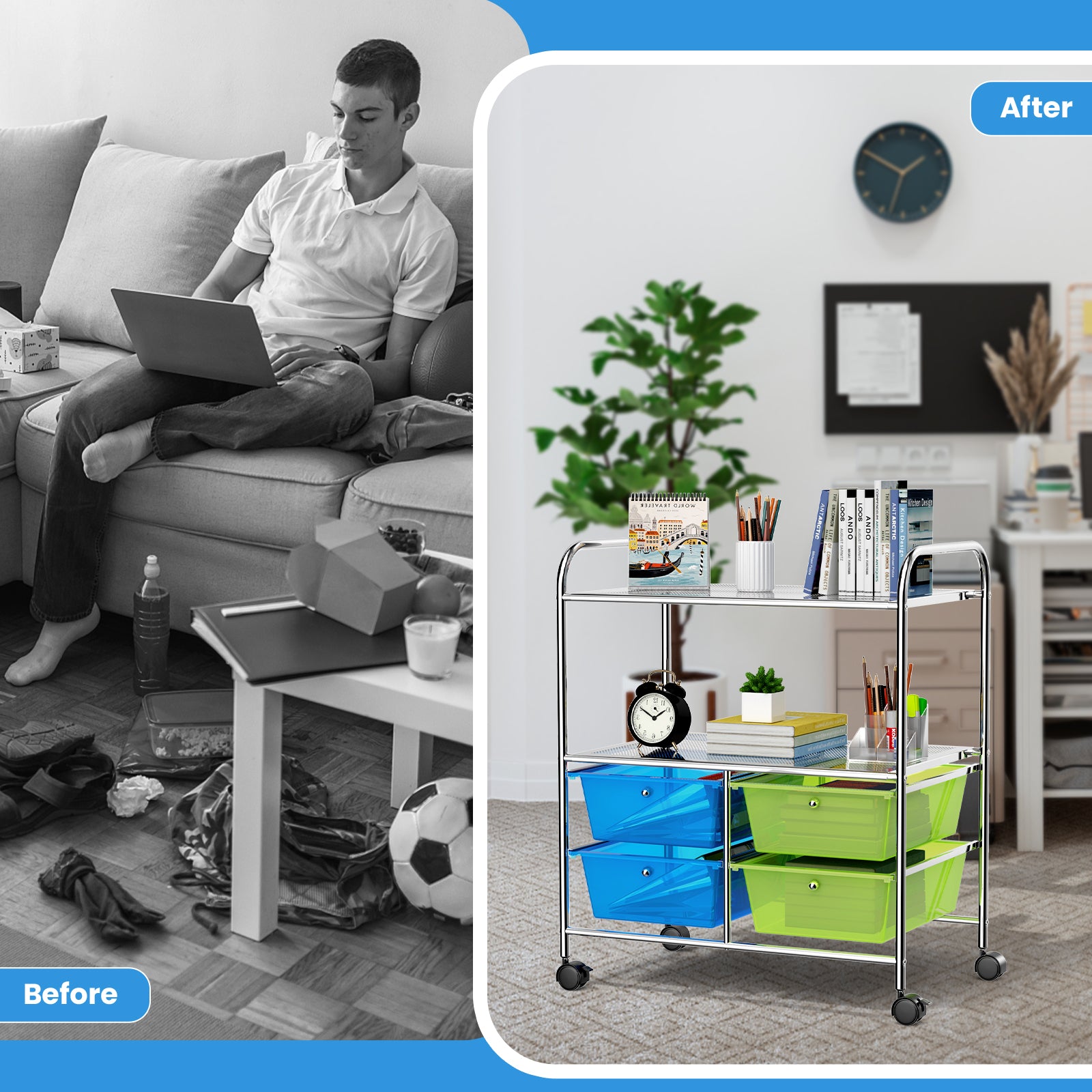 4 Drawers Rolling Storage Cart-Blue & GreenÂ