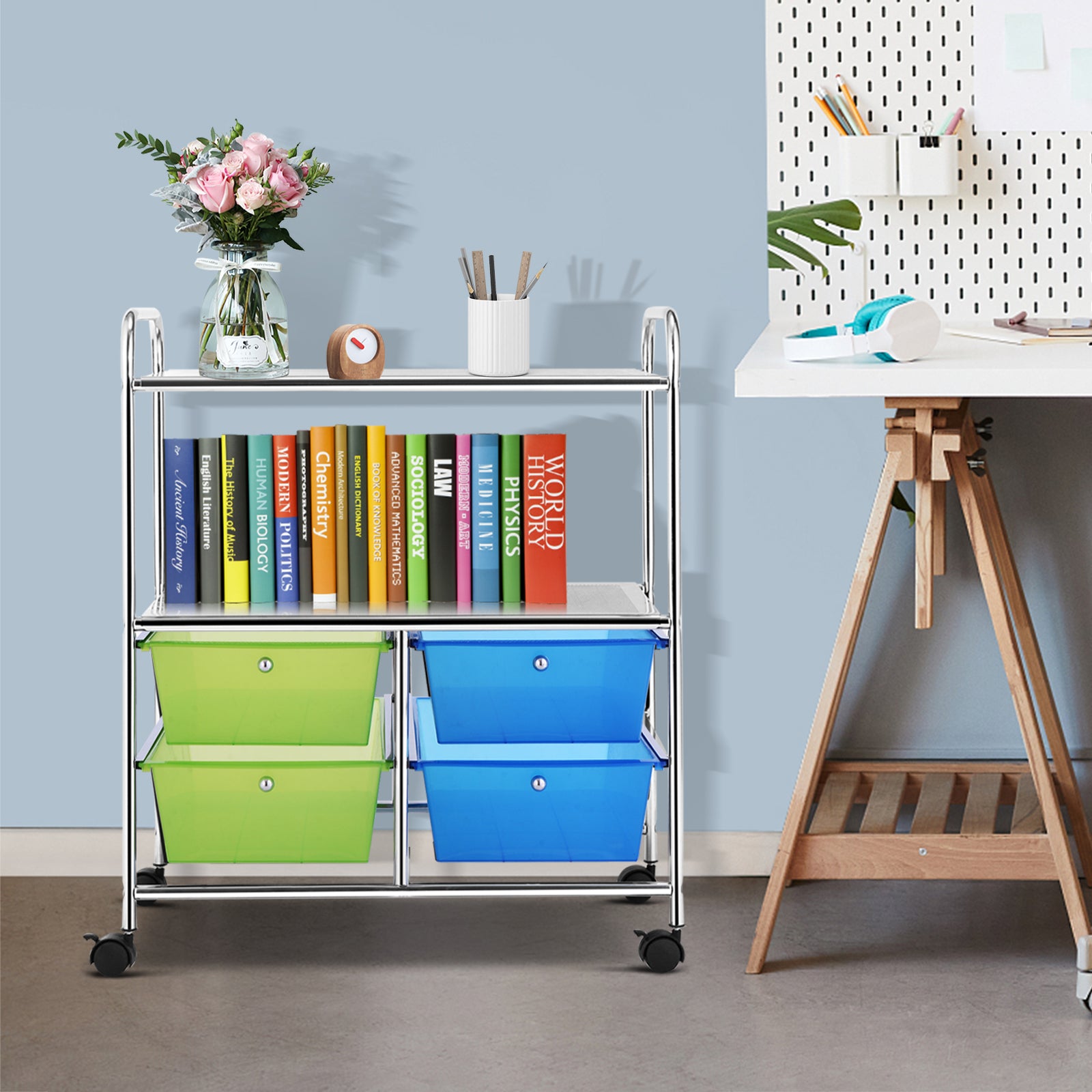 4 Drawers Rolling Storage Cart-Blue & GreenÂ
