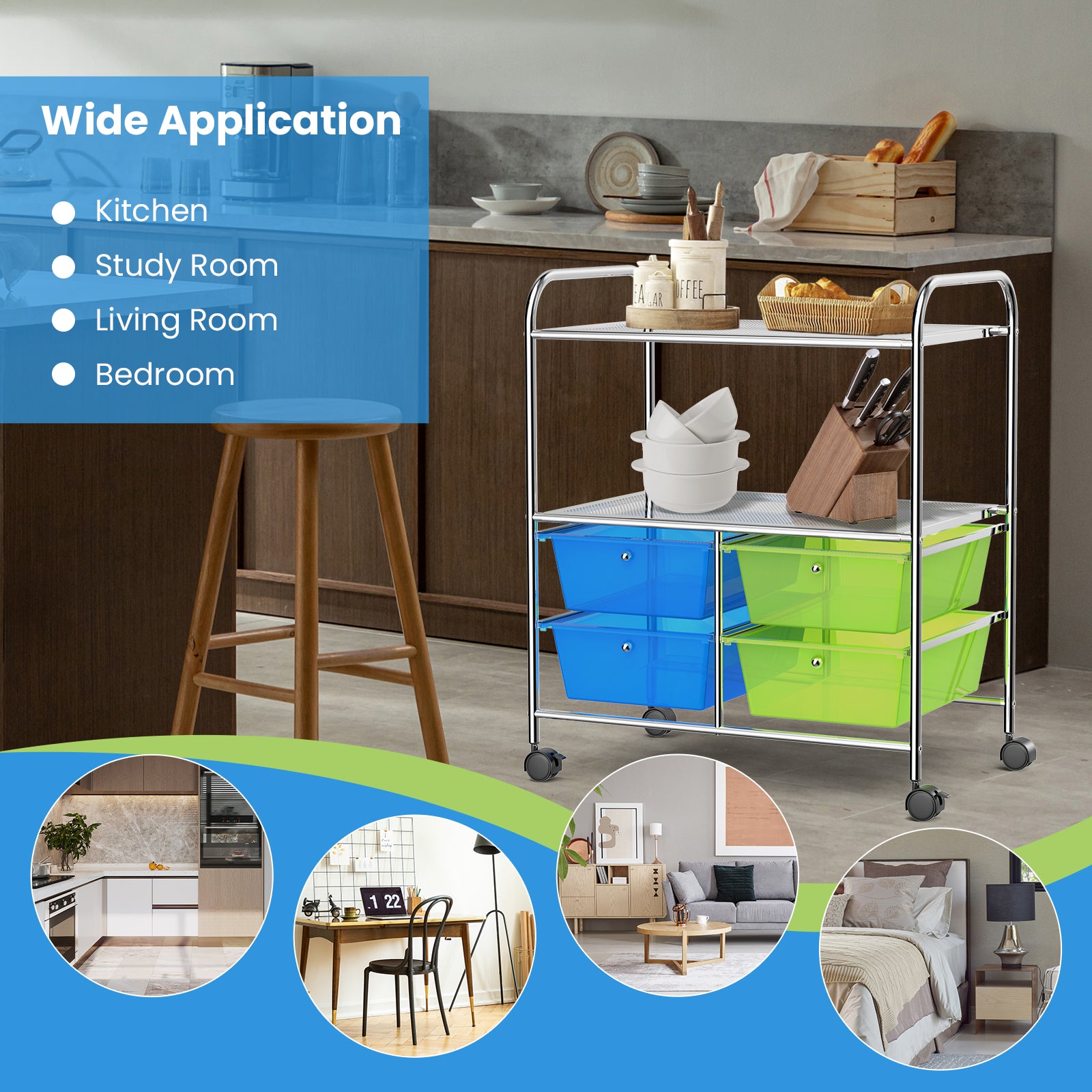 4 Drawers Rolling Storage Cart-Blue & GreenÂ