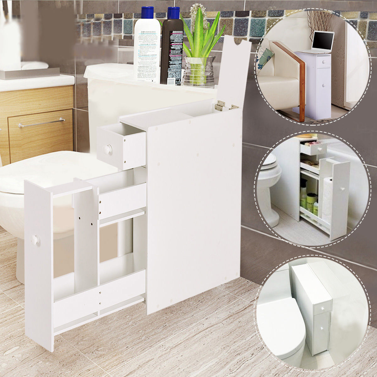 White Bathroom Cabinet Space Saver Storage Organizer-WhiteÂ