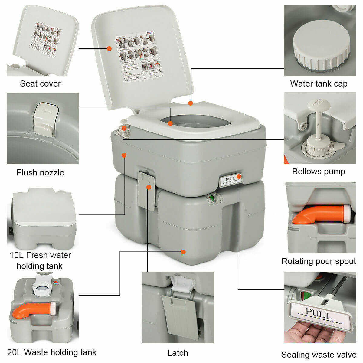 5.3 Gallon Portable Travel Toilet with Piston Pump FlushÂ