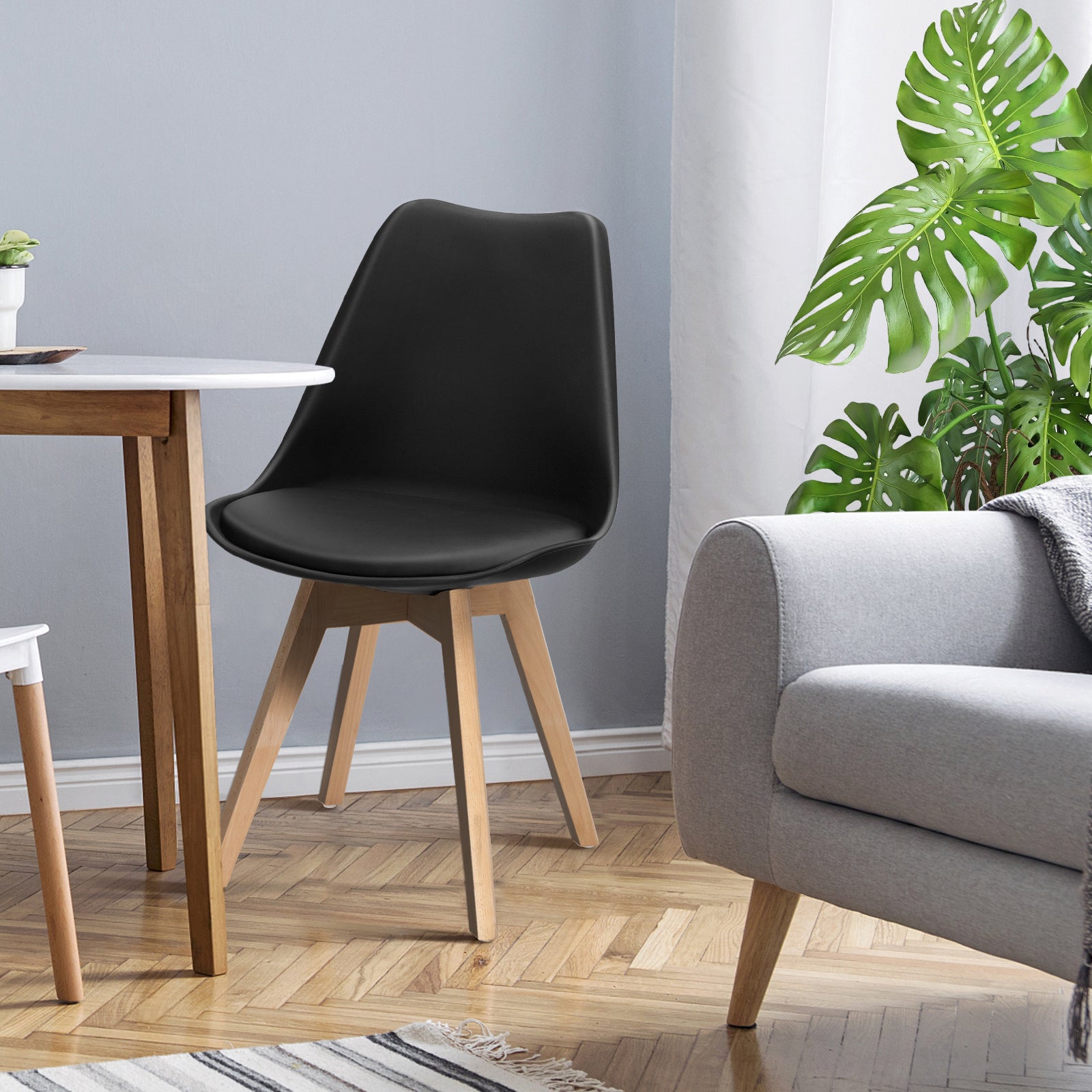 Set of 4 Dining Chairs Mid-Century Modern Shell PU Seat with Wooden Legs-BlackÂ
