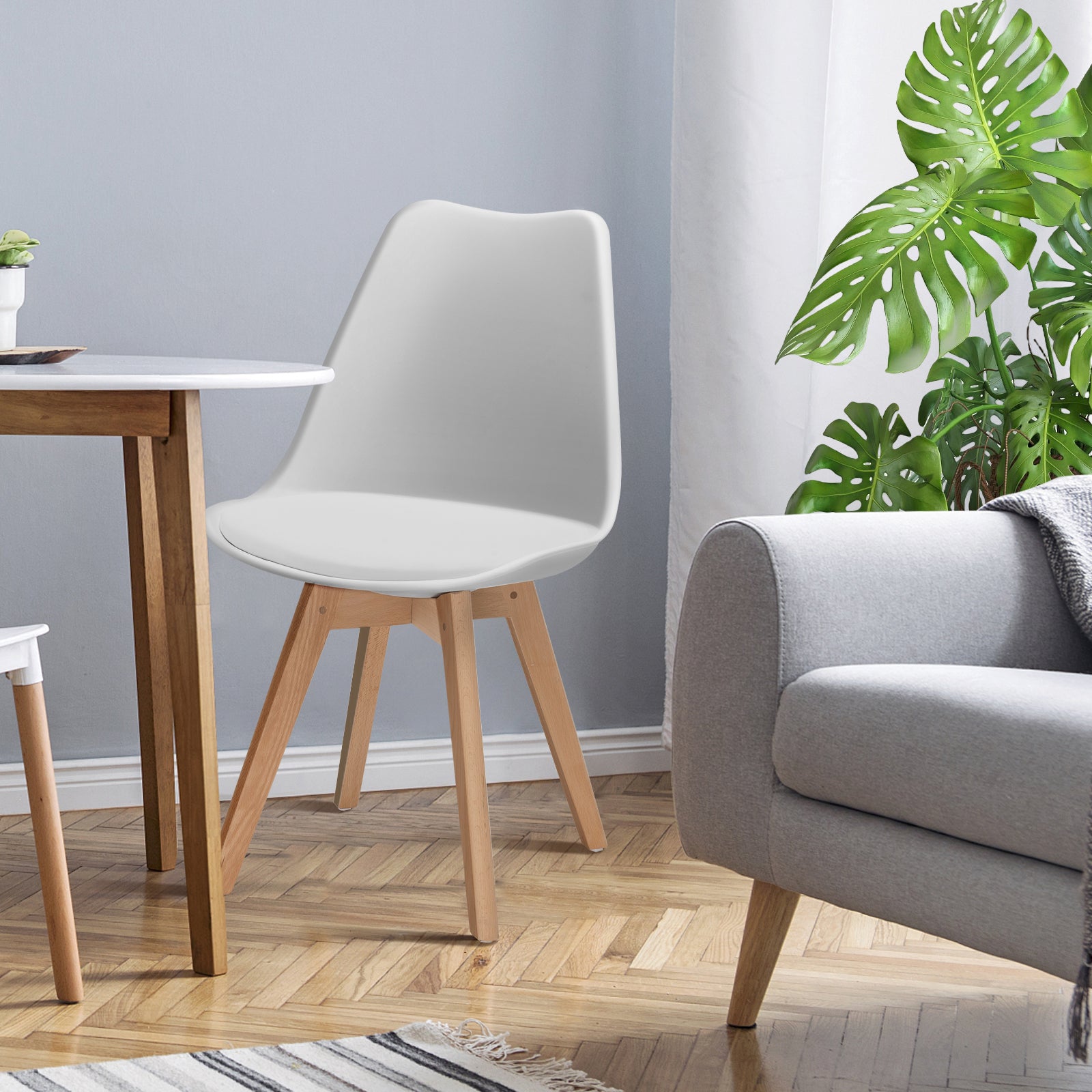 Set of 4 Dining Chairs Mid-Century Modern Shell PU Seat with Wooden Legs-WhiteÂ
