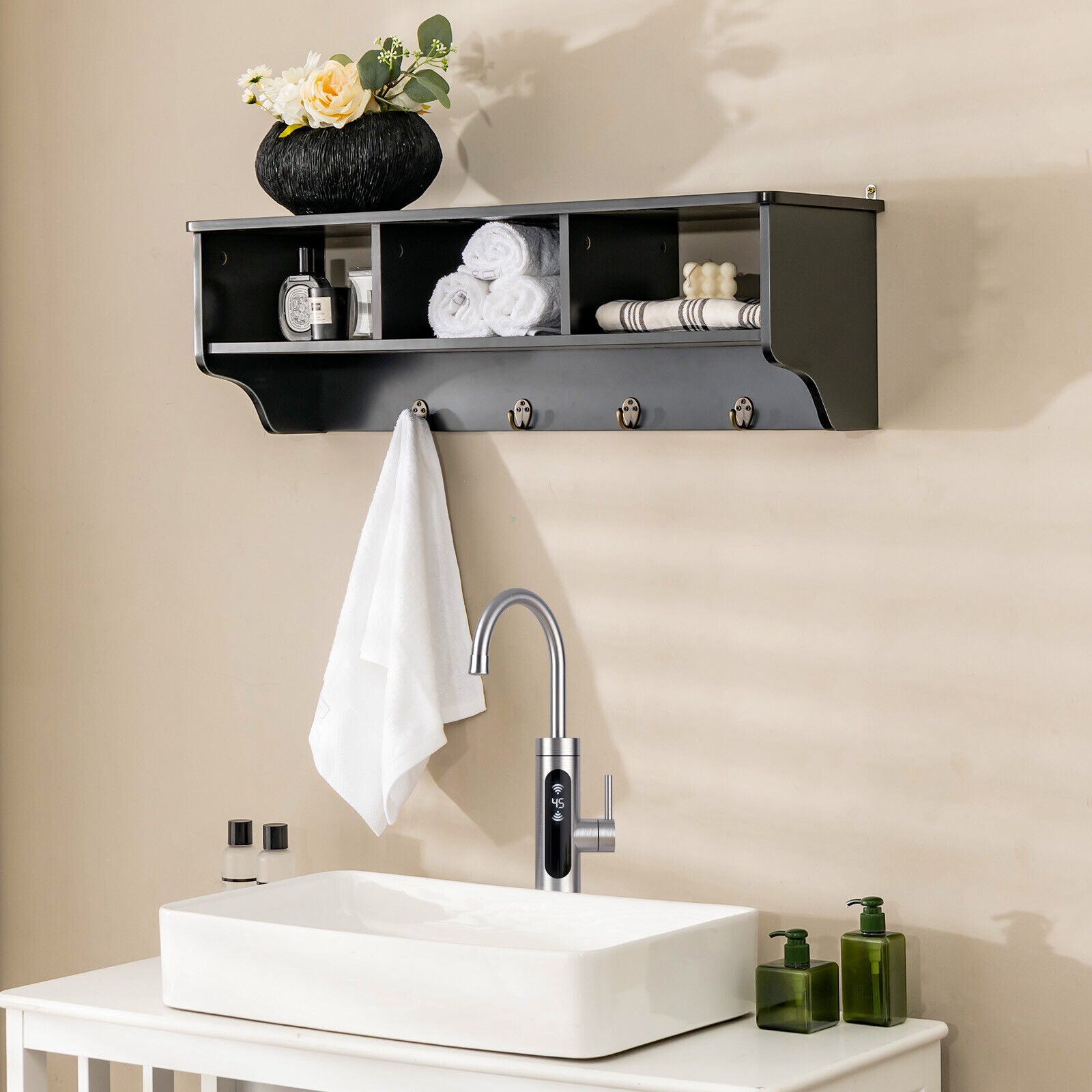 Wall Mount Cubby Organizer Hooks Entryway Storage Shelf-BlackÂ