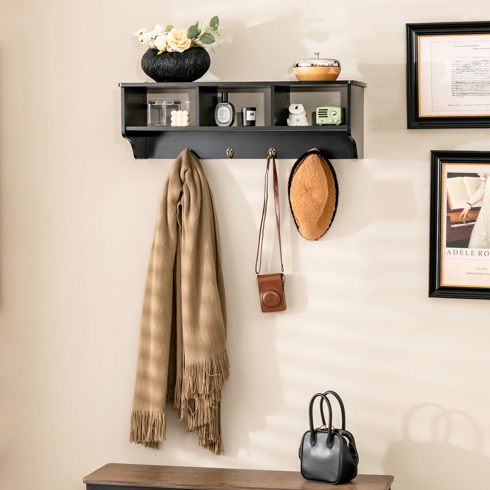 Wall Mount Cubby Organizer Hooks Entryway Storage Shelf-BlackÂ
