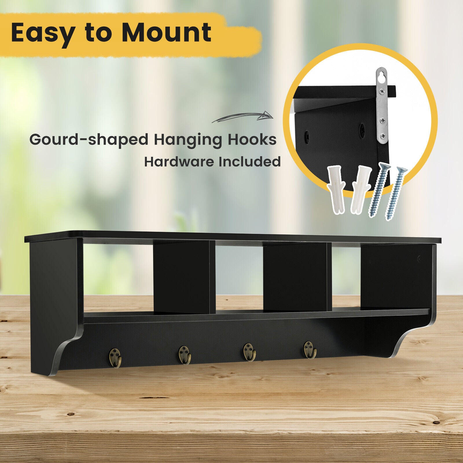 Wall Mount Cubby Organizer Hooks Entryway Storage Shelf-BlackÂ