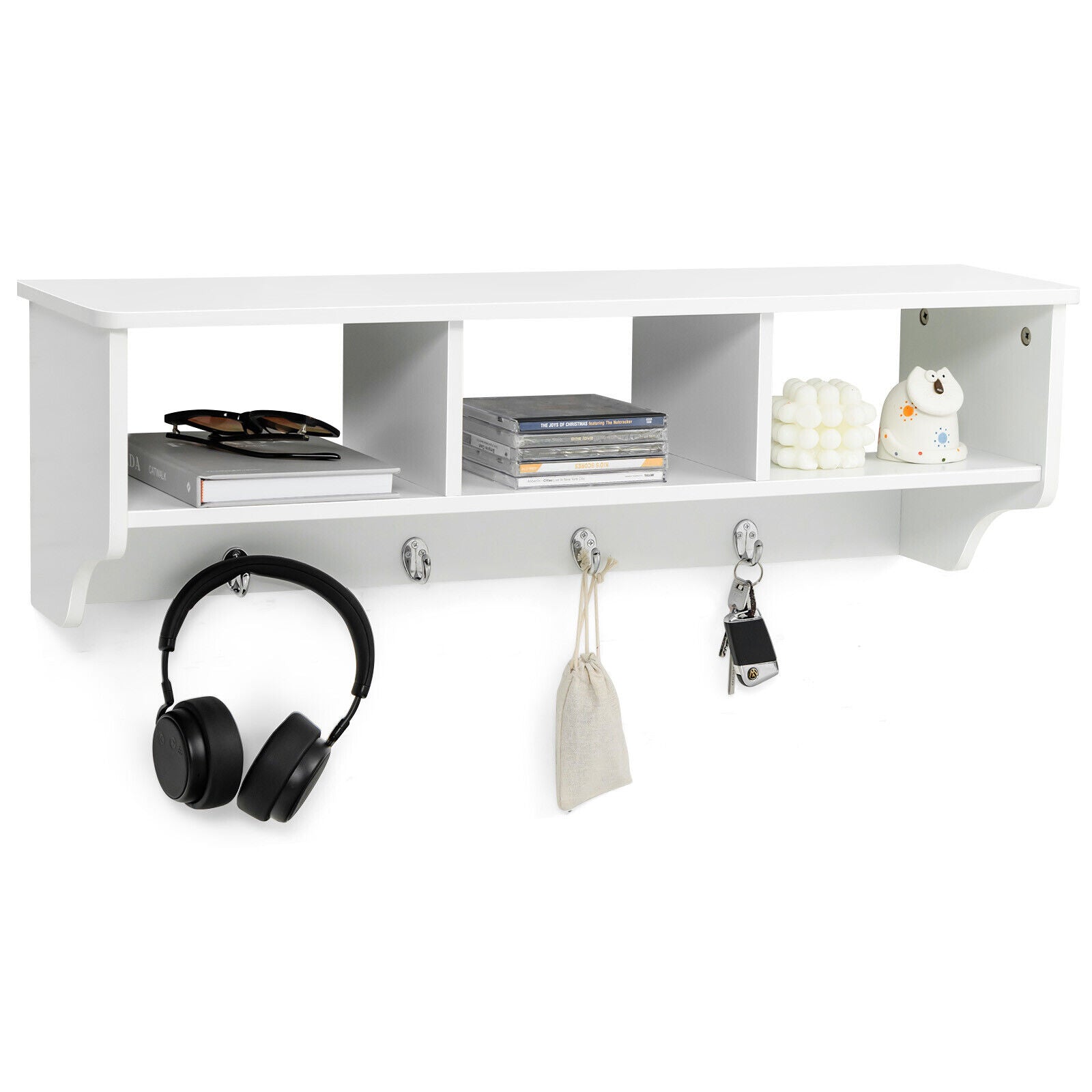 Wall Mount Cubby Organizer Hooks Entryway Storage Shelf-WhiteÂ