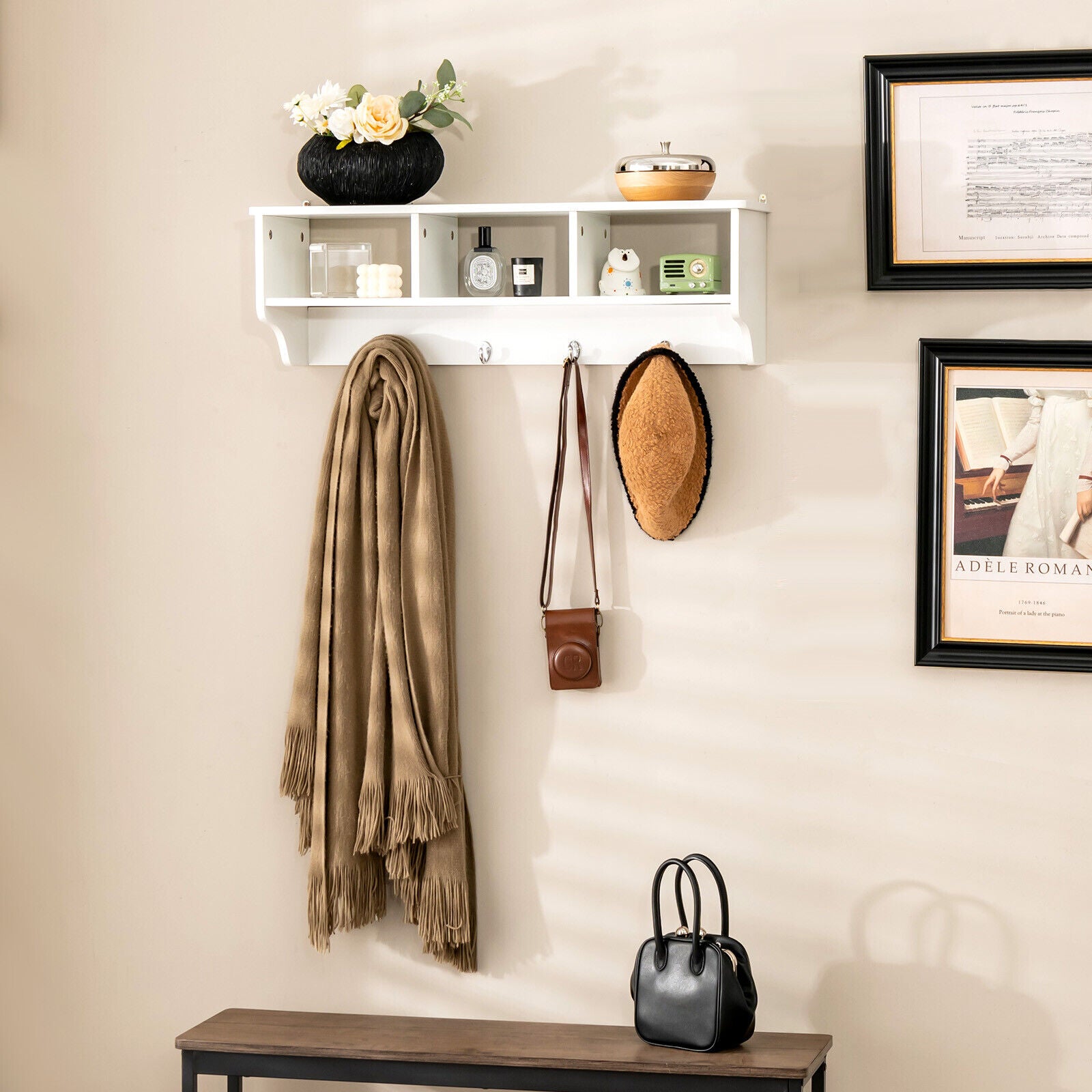 Wall Mount Cubby Organizer Hooks Entryway Storage Shelf-WhiteÂ