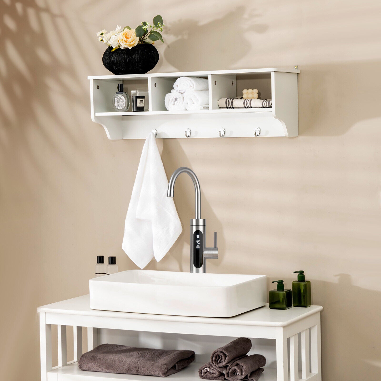 Wall Mount Cubby Organizer Hooks Entryway Storage Shelf-WhiteÂ