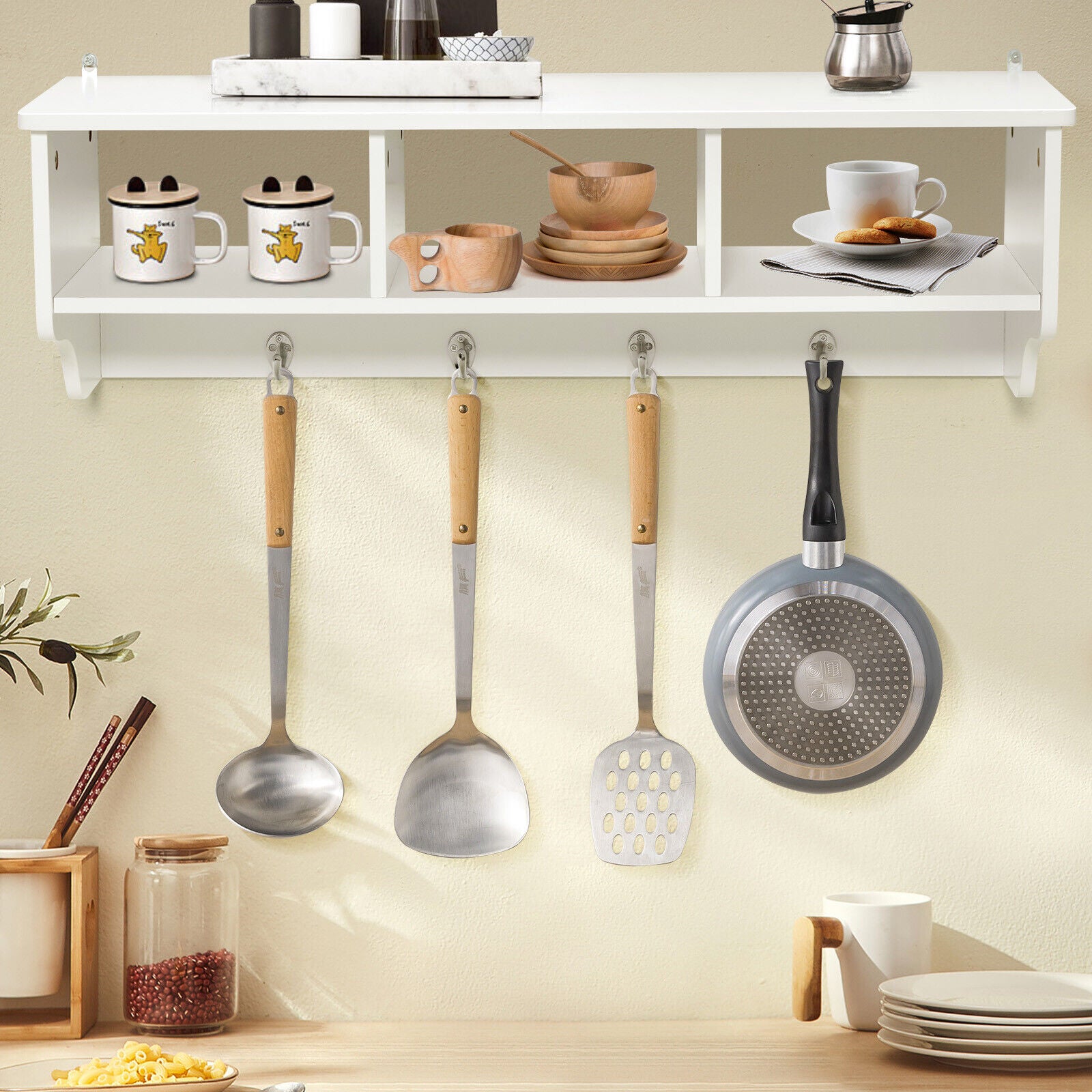 Wall Mount Cubby Organizer Hooks Entryway Storage Shelf-WhiteÂ