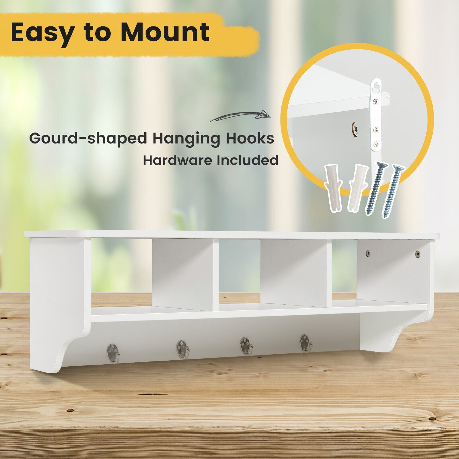 Wall Mount Cubby Organizer Hooks Entryway Storage Shelf-WhiteÂ