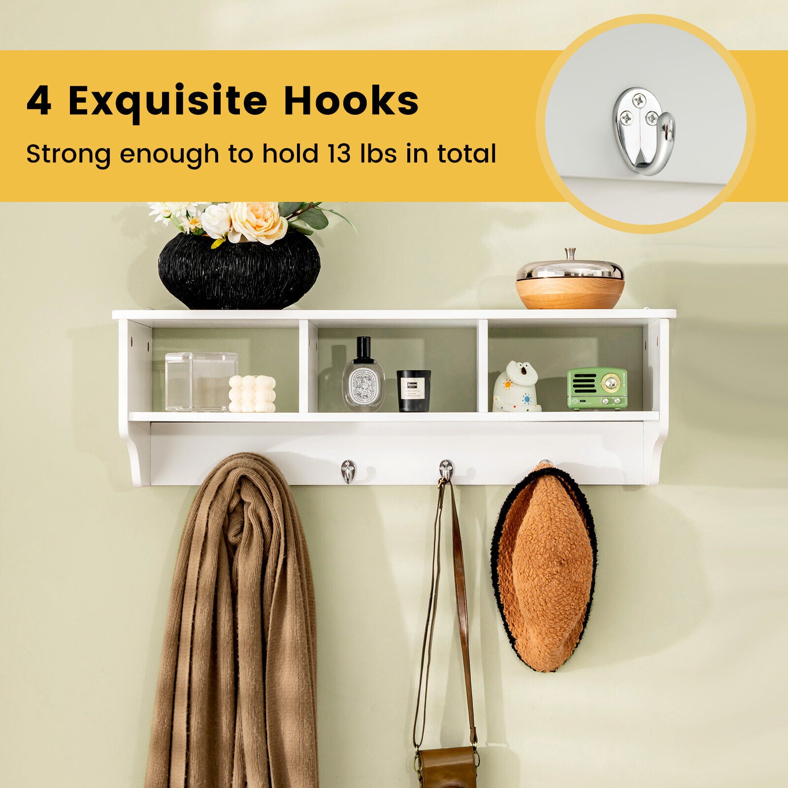 Wall Mount Cubby Organizer Hooks Entryway Storage Shelf-WhiteÂ