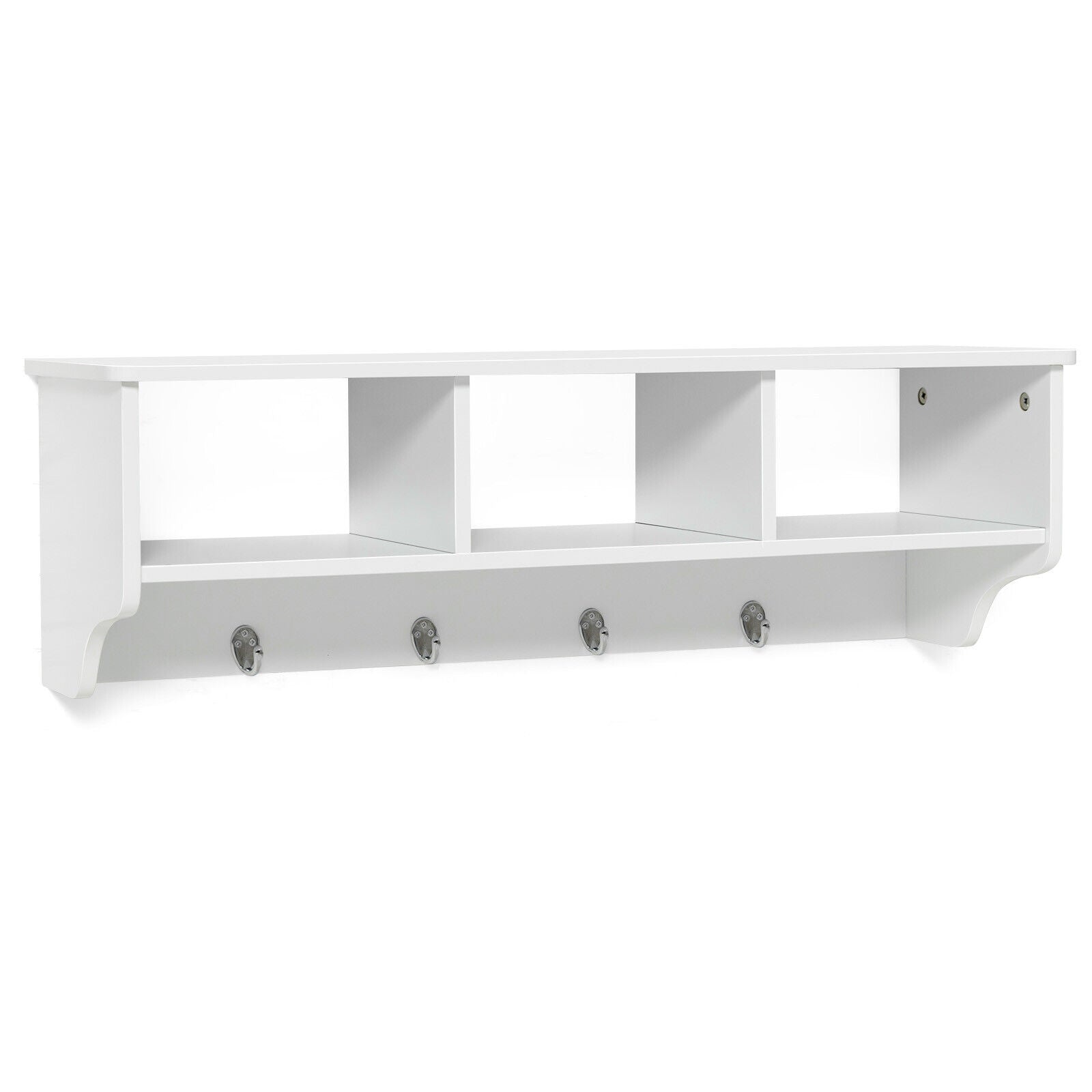 Wall Mount Cubby Organizer Hooks Entryway Storage Shelf-WhiteÂ