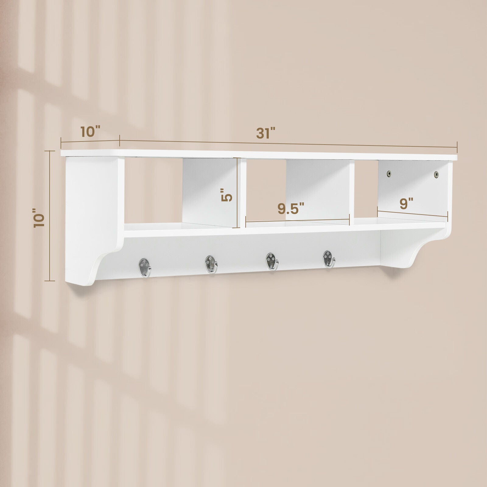 Wall Mount Cubby Organizer Hooks Entryway Storage Shelf-WhiteÂ